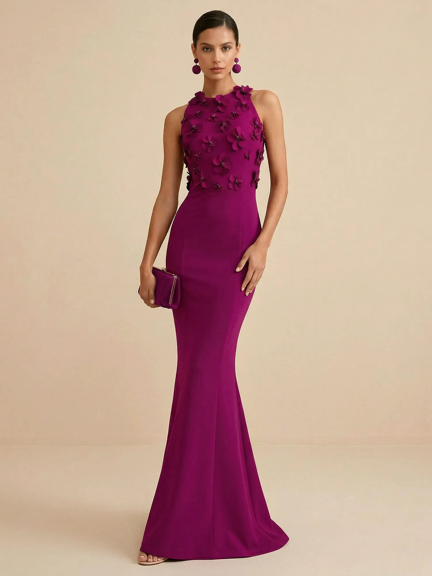 Scoop Neck 3D Floral Appliqué Crepe Mermaid Evening Gown