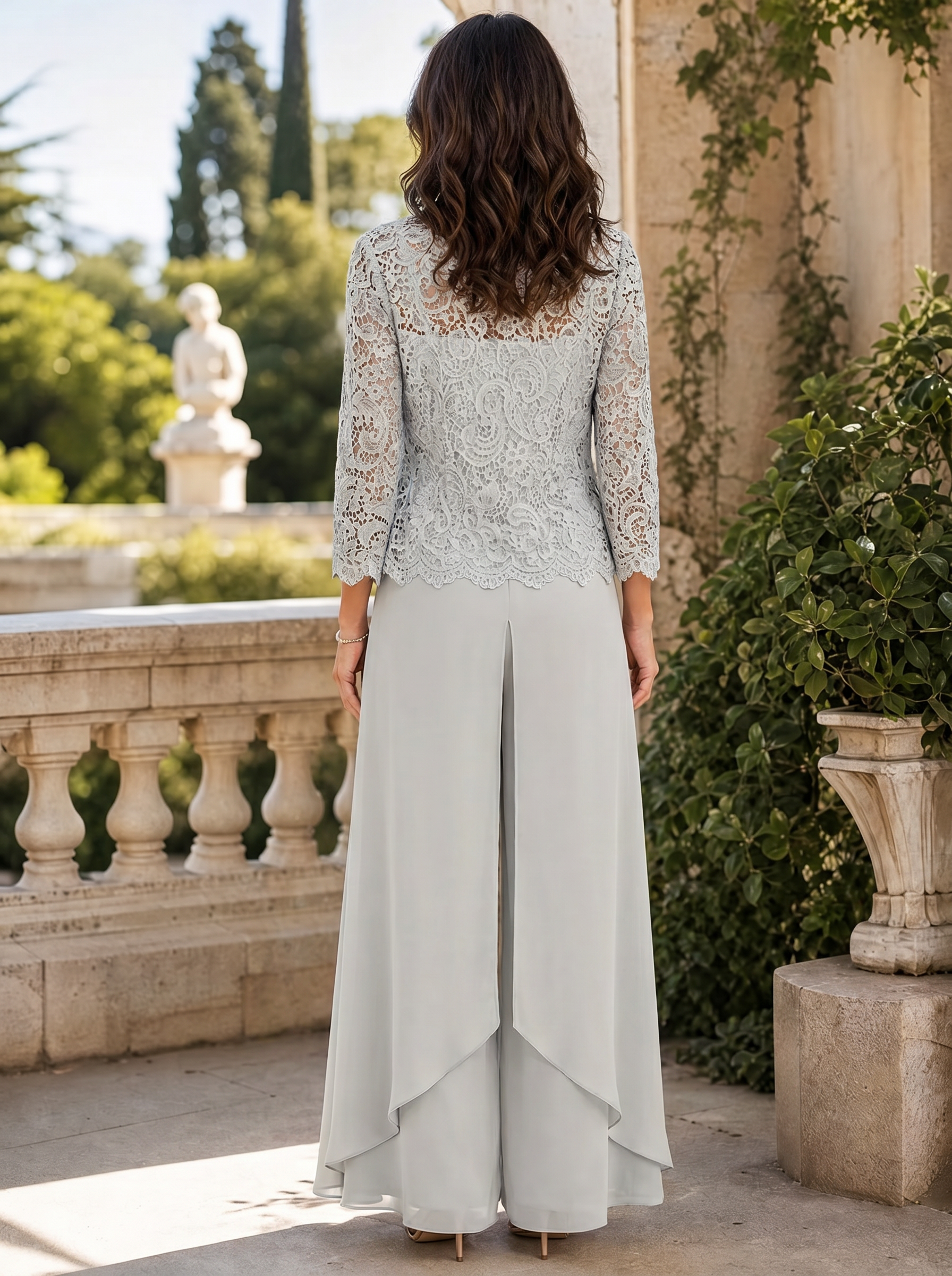 Sophisticated Grey Lace Bodice Wide-Leg Formal Evening Pant Suit with Matching Jacket
