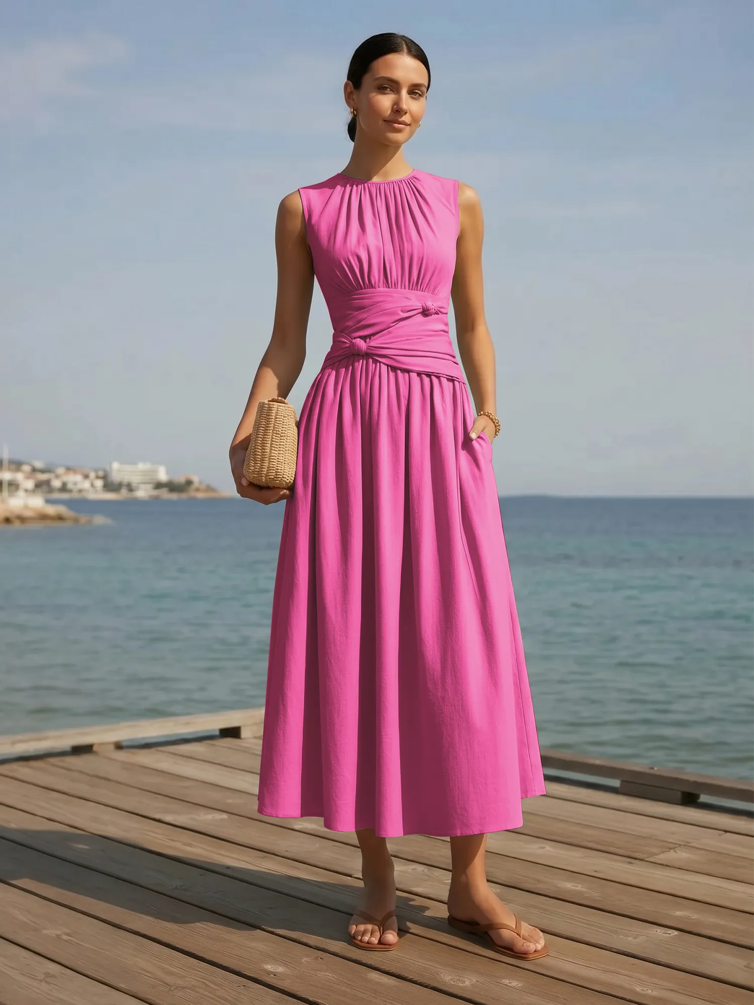 Sleeveless Round Neck Waist-Knot Midi Evening Dress