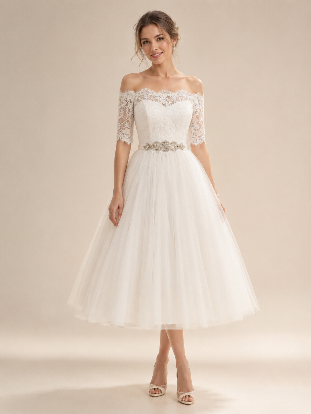 White Off-the-Shoulder Lace Sweetheart A-Line Midi Wedding Dress 
