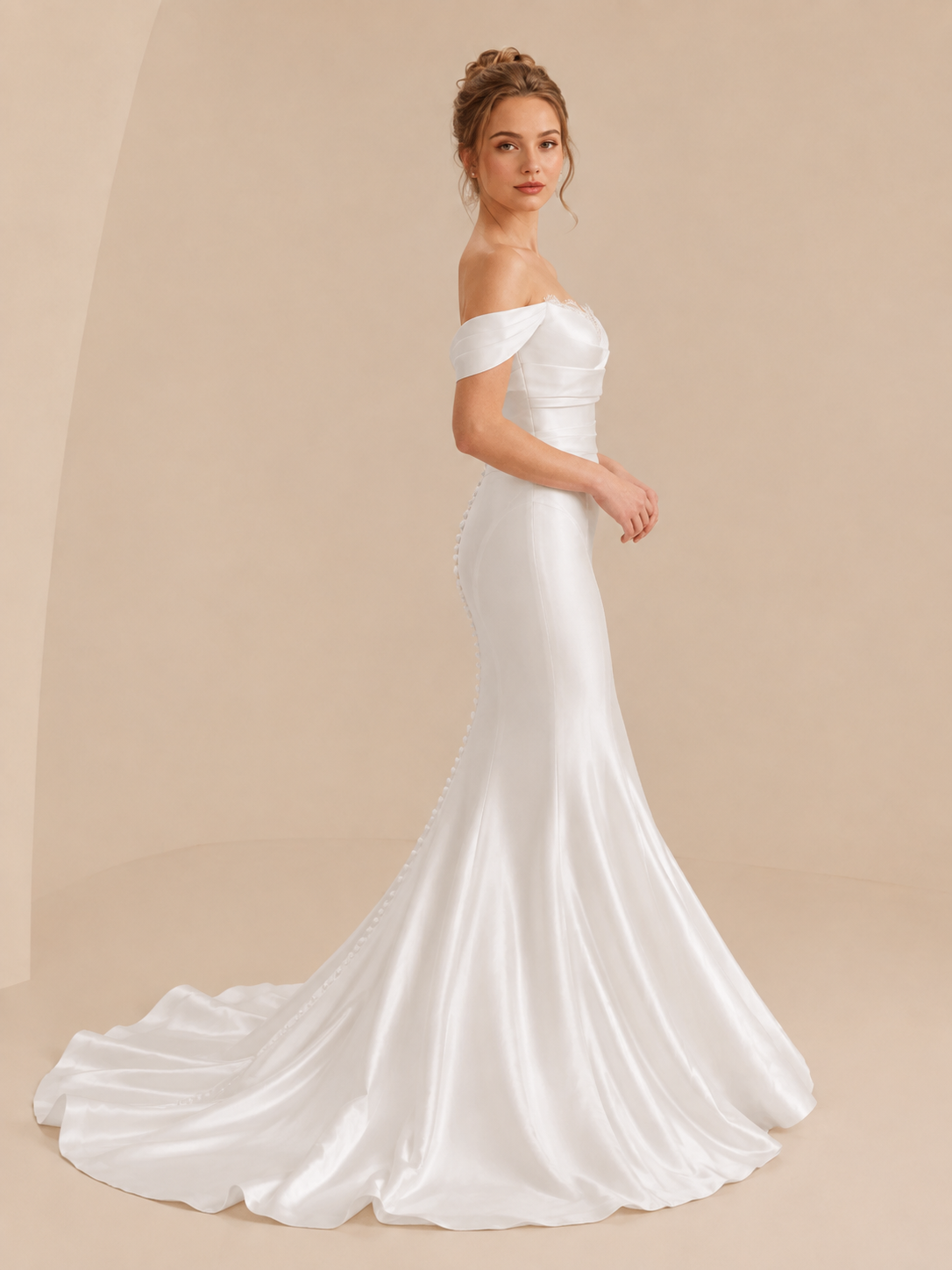 White Off-the-Shoulder Satin Mermaid Wedding Dress 