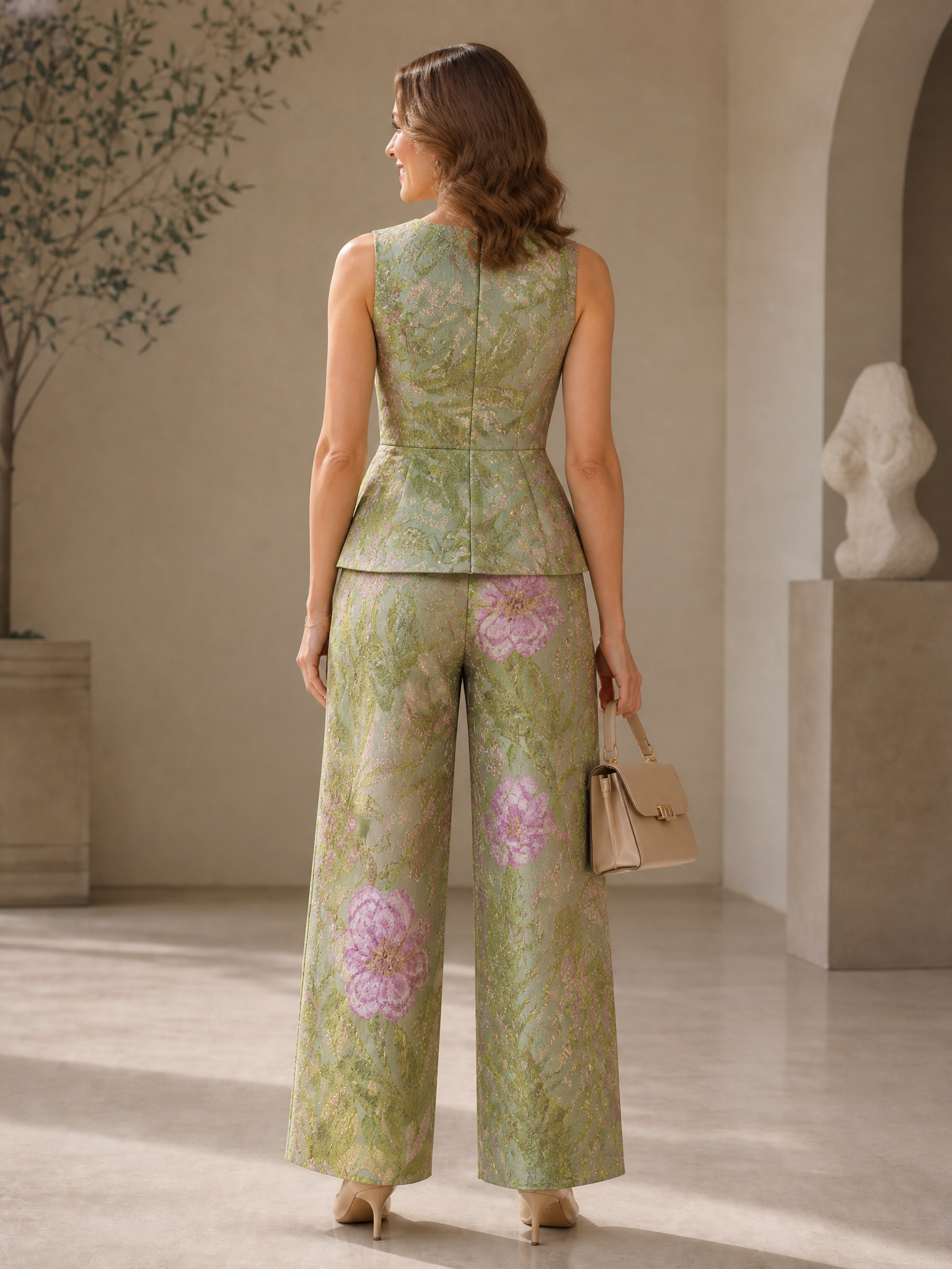 Sage Green Floral Jacquard Sleeveless Peplum Top & Wide-Leg Trouser Set Evening Gown Dress