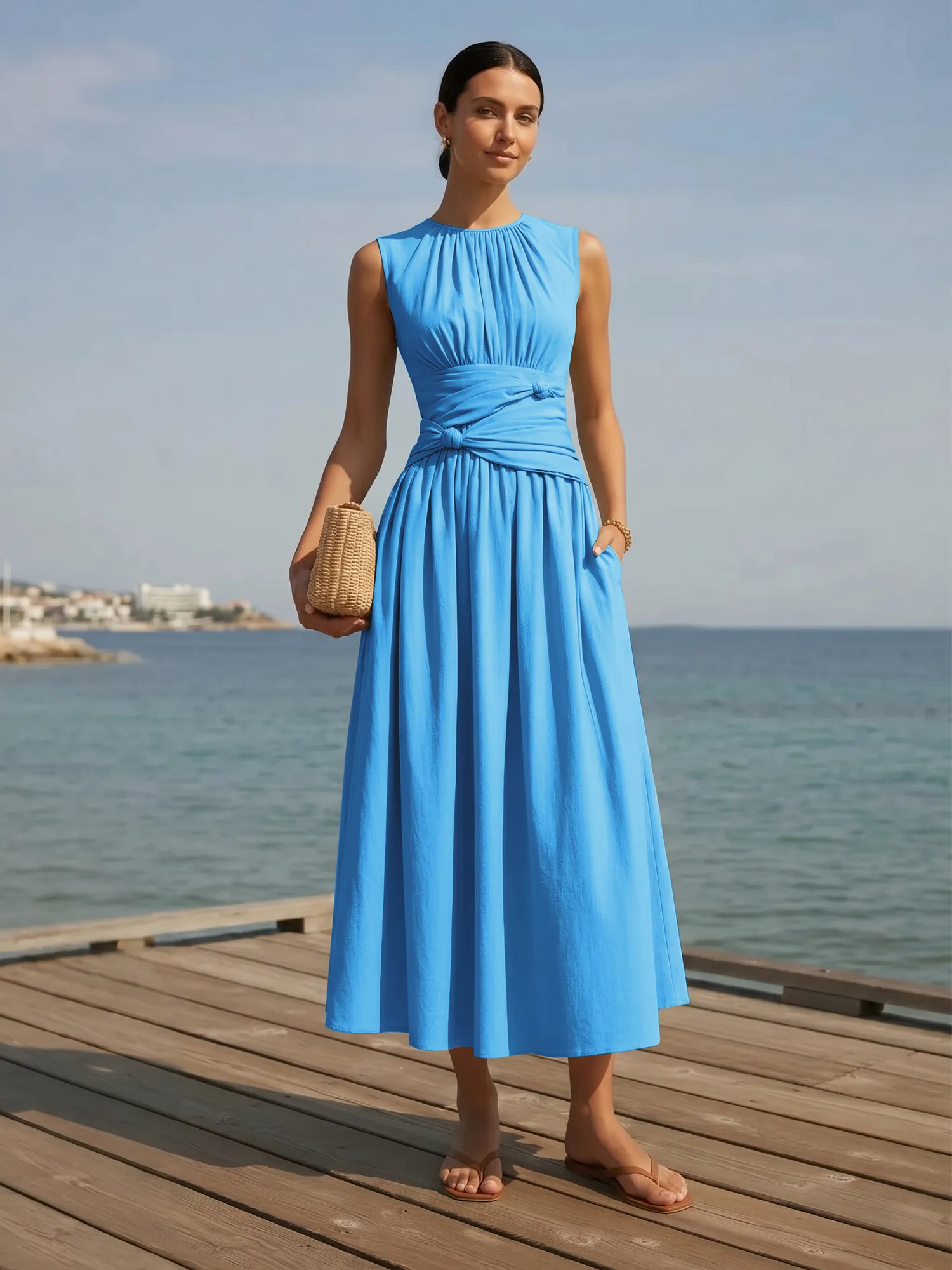 Sleeveless Round Neck Waist-Knot Midi Evening Dress