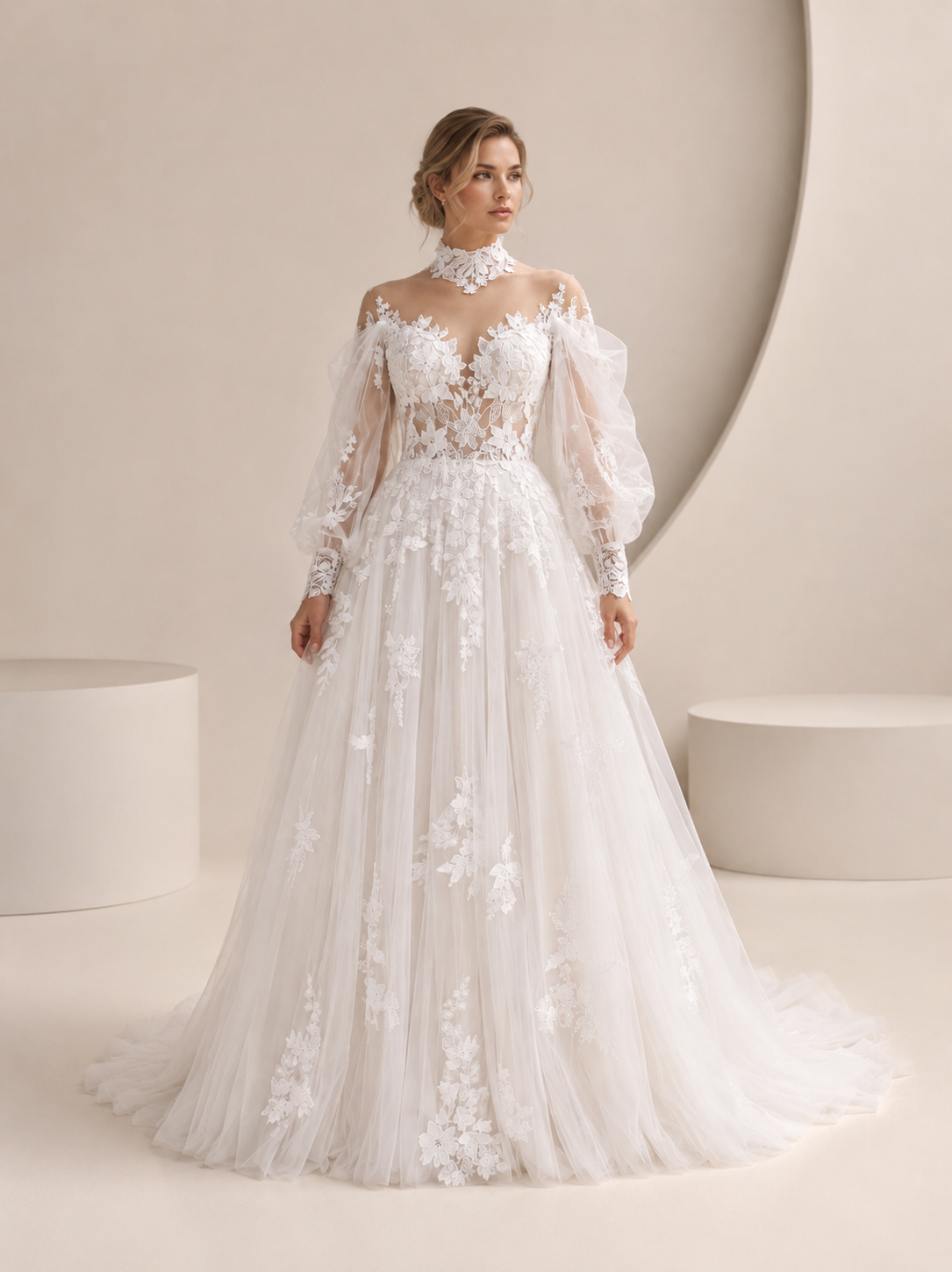  White High-Neck Long-Sleeve Lace Appliqué Sweetheart A-Line Wedding Dress 