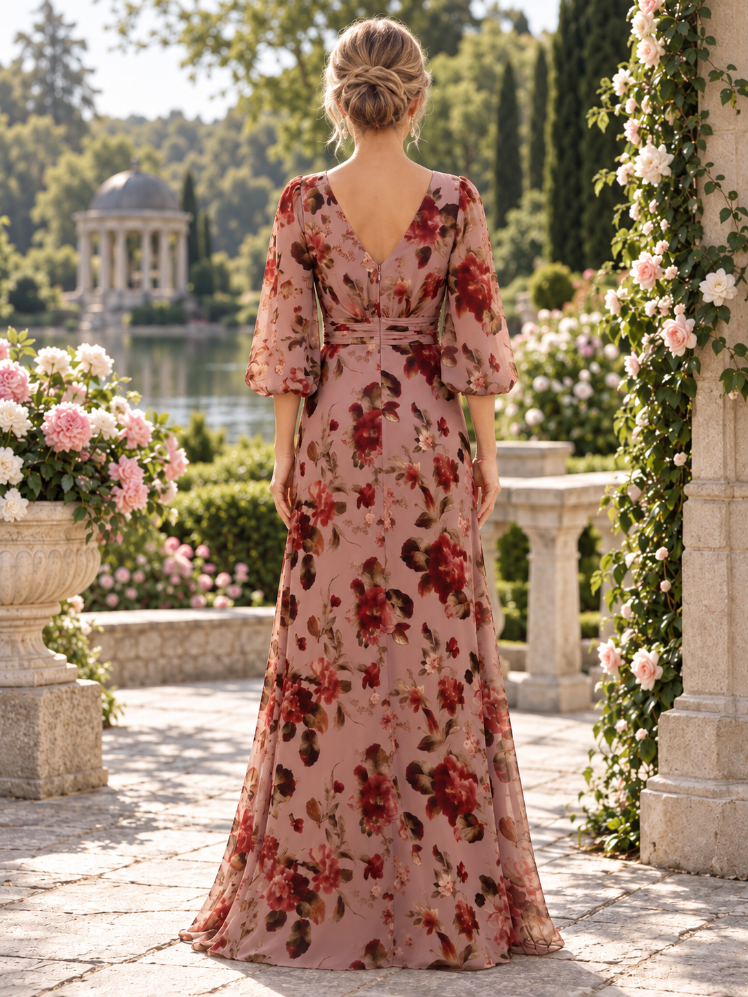 Romantic Dusty Rose Floral Chiffon V-Neck A-Line Mother of the Bride & Groom Dresses 
