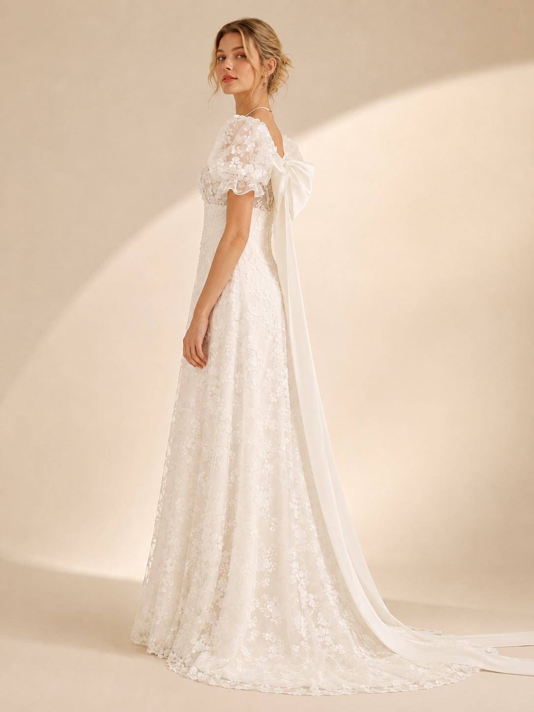White Puff-Sleeve 3D Floral Square Neckline Lace Empire Maxi Wedding Dress 