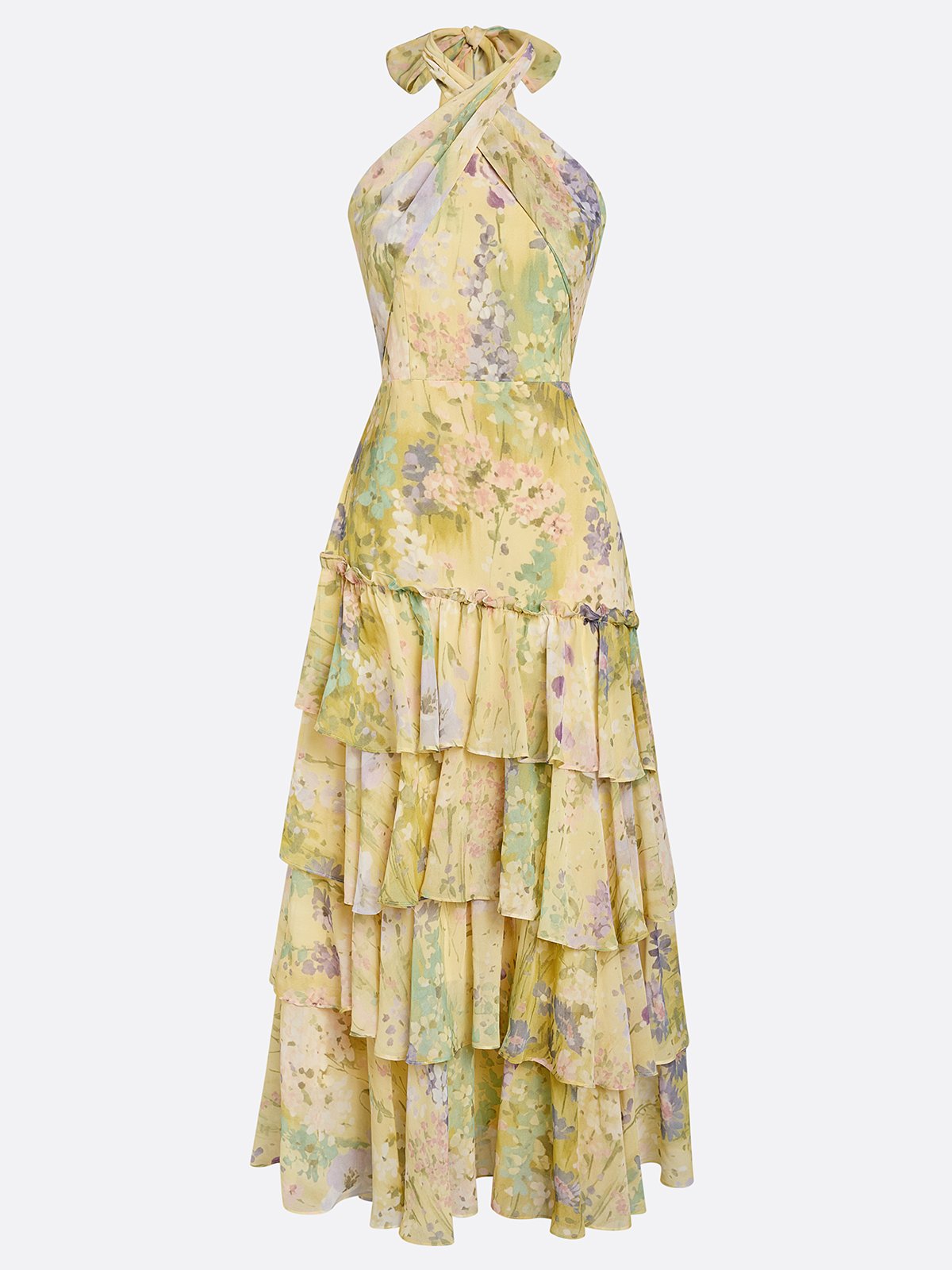Luminous Sun-Kissed Yellow Halter Tiered Floral A-Line Maxi Evening Gown Dress 