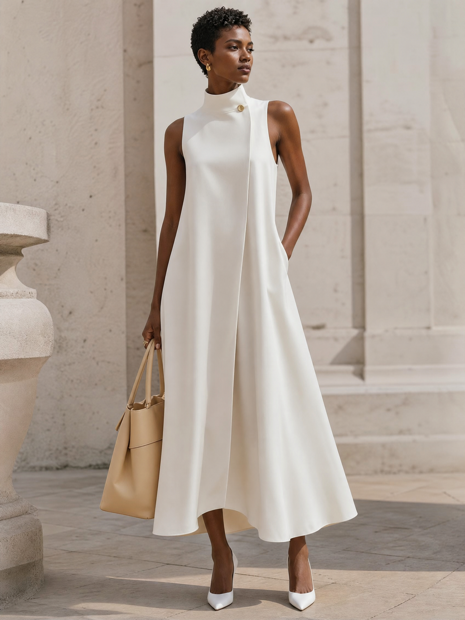 Architectural White High-Neck A-Line Midi Formal Evening Dress 