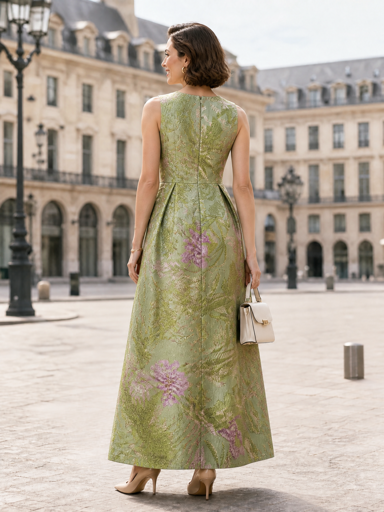 Sage Green Floral Jacquard Sleeveless Pleated A-Line Maxi Evening Gown Dress