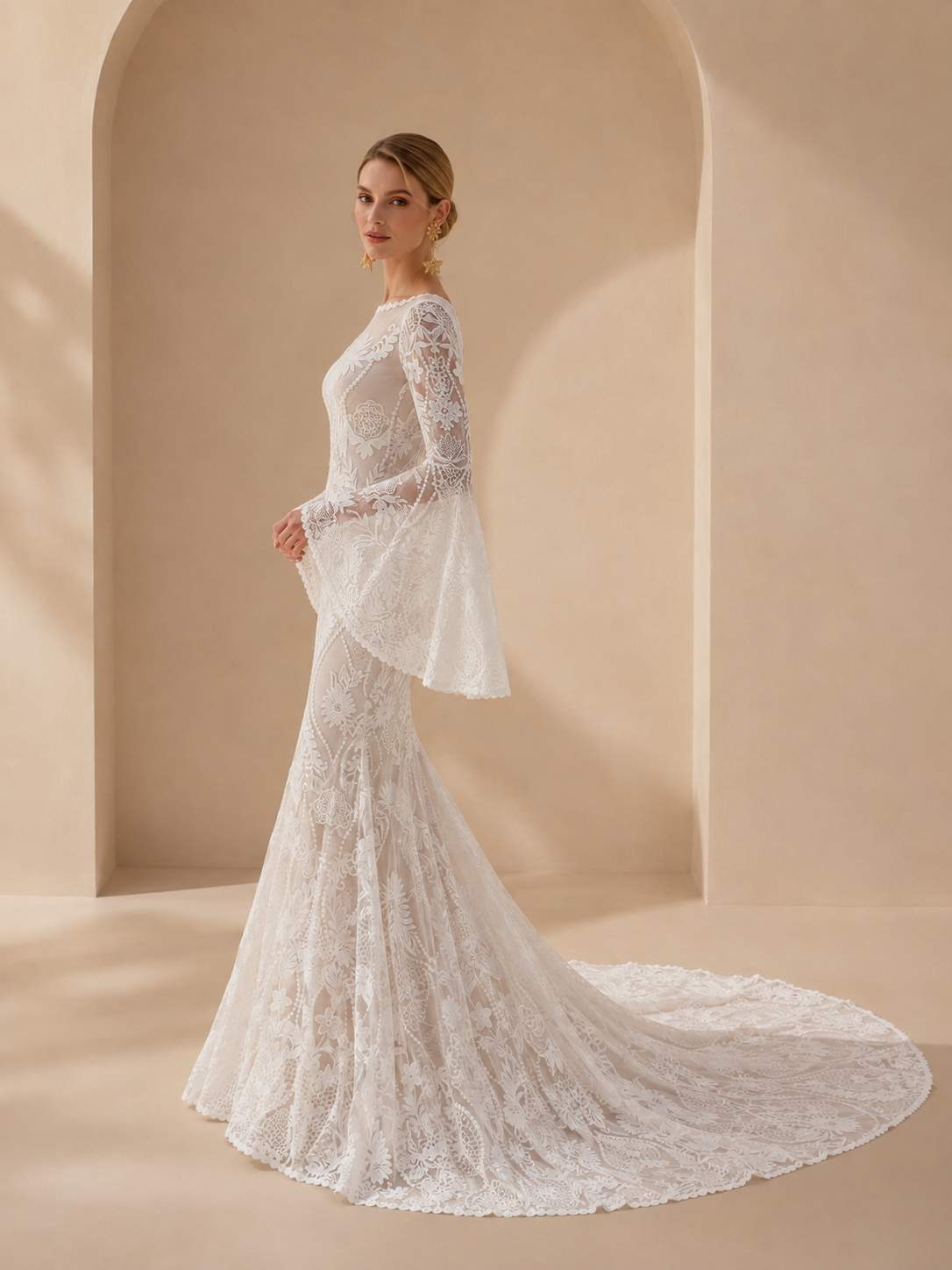 White Illusion Boat-Neck Lace Bell Sleeves Mermaid Wedding Dress 