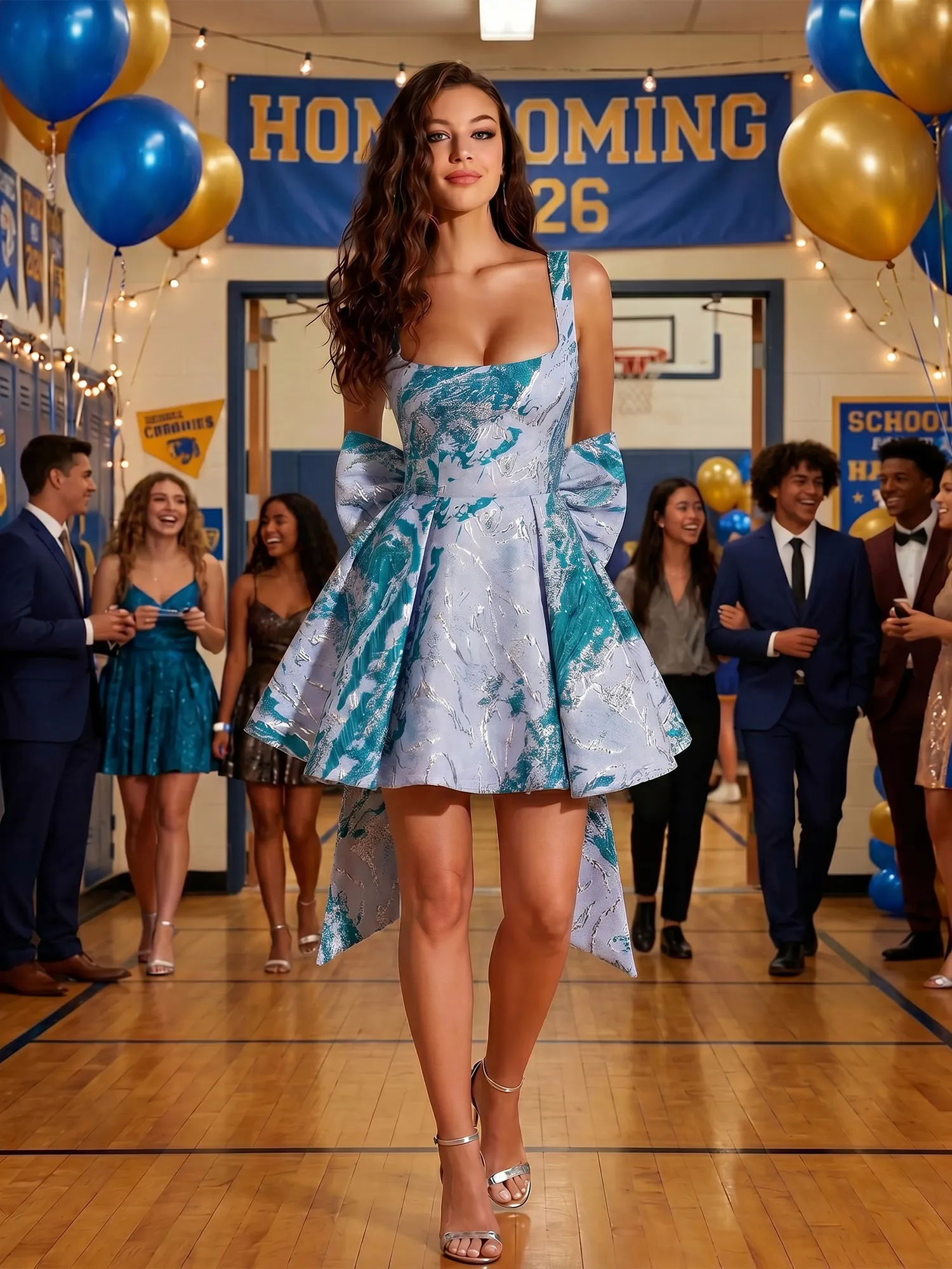 Square Neck Brocade Fit-and-Flare Homecoming Dress with Bow Back