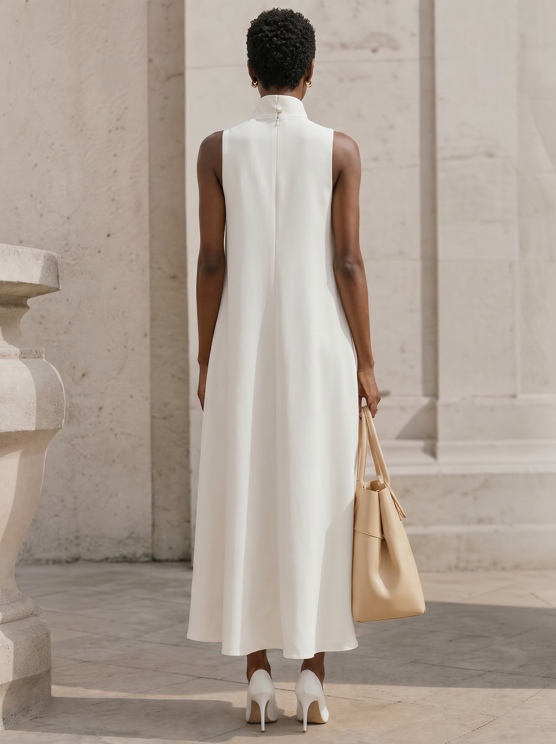 Architectural White High-Neck A-Line Midi Formal Evening Dress 