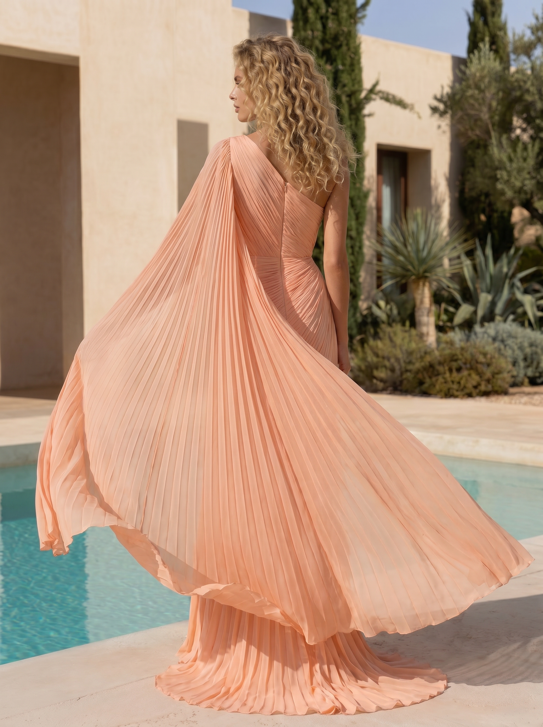 Ethereal Pleated Peach Goddess Column One Shoulder Maxi Formal Evening Dress 