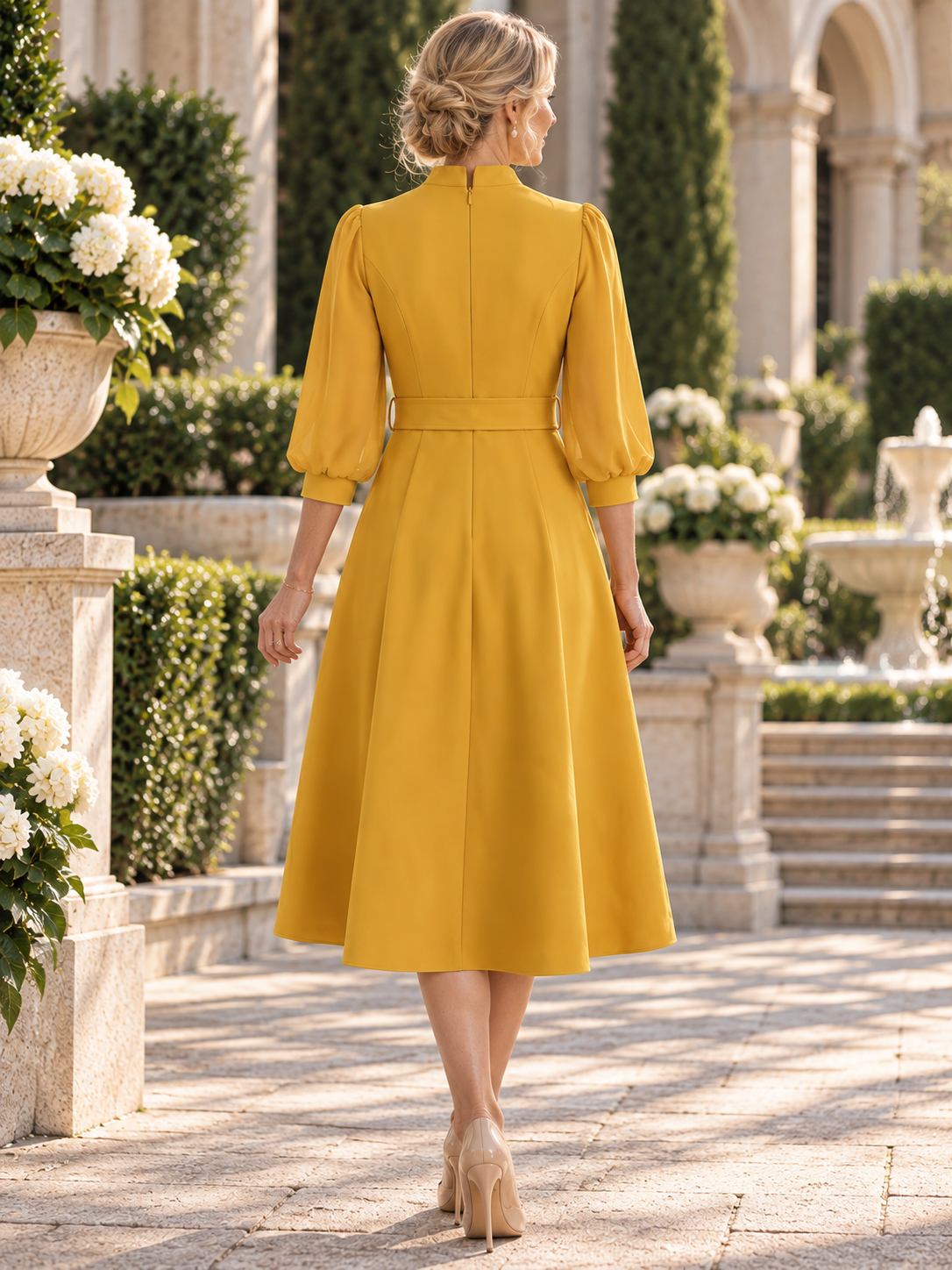 Mustard Yellow Belted 3D Floral V-Neck A-Line Midi Mother of the Bride & Groom Dresses 