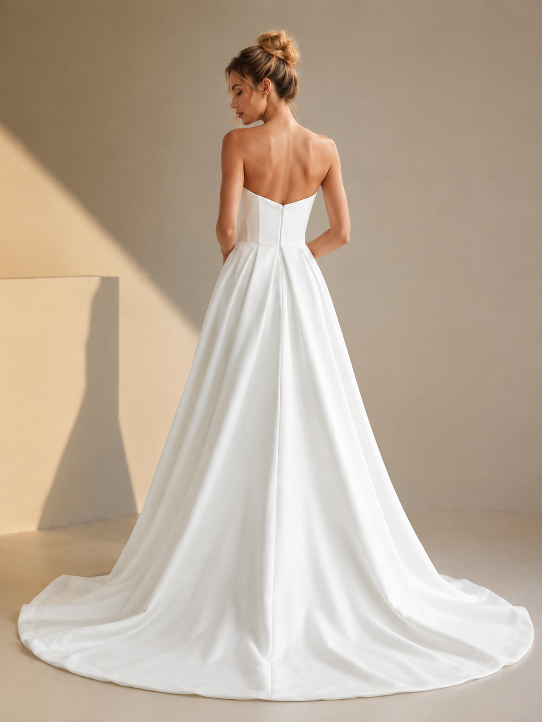 White Sweetheart Strapless Pleated Satin Slit A-Line Wedding Dress 