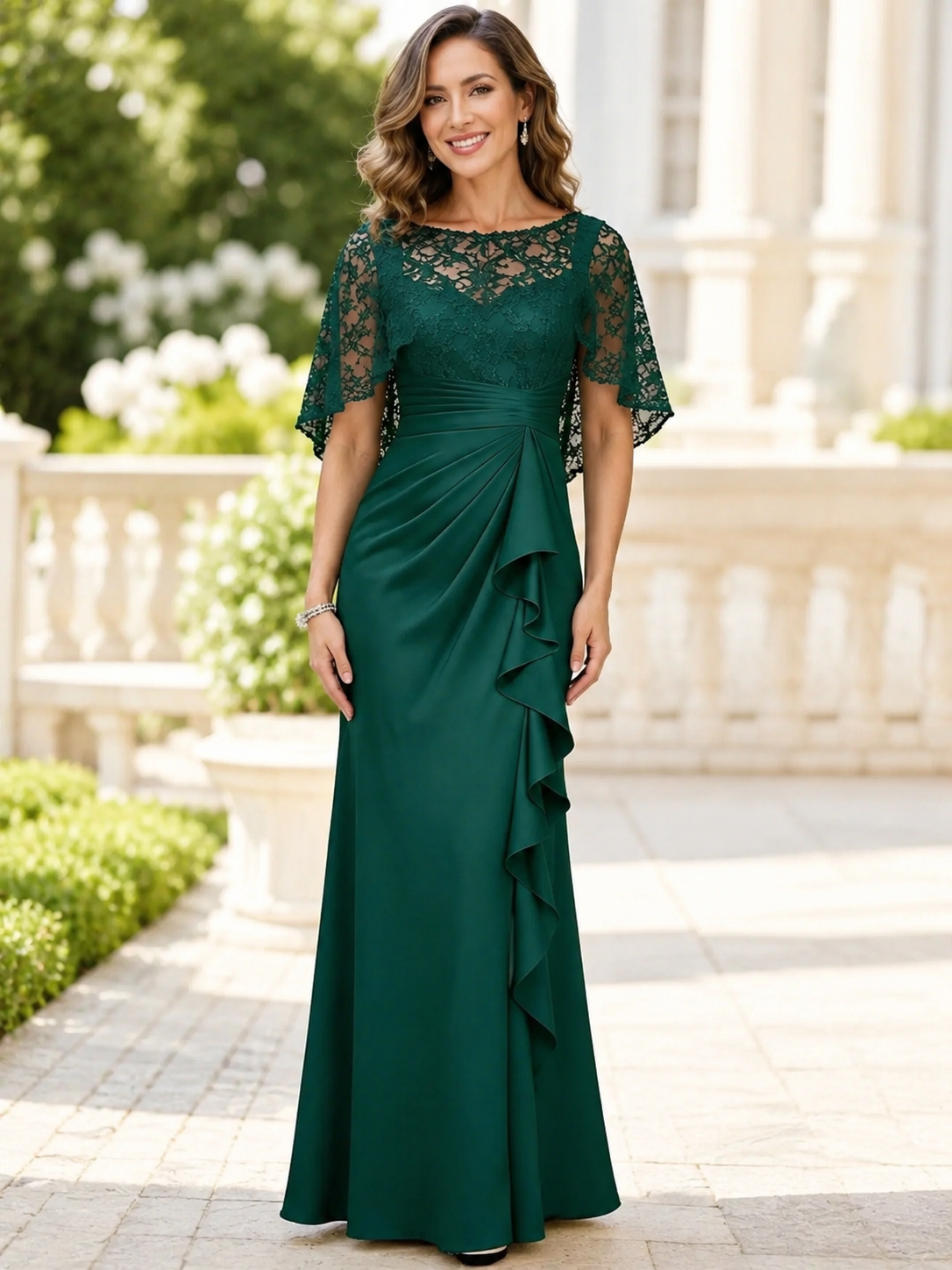 Emerald Green Lace Capelet-Overlay Column Maxi Mother of the Bride & Groom Dresses 