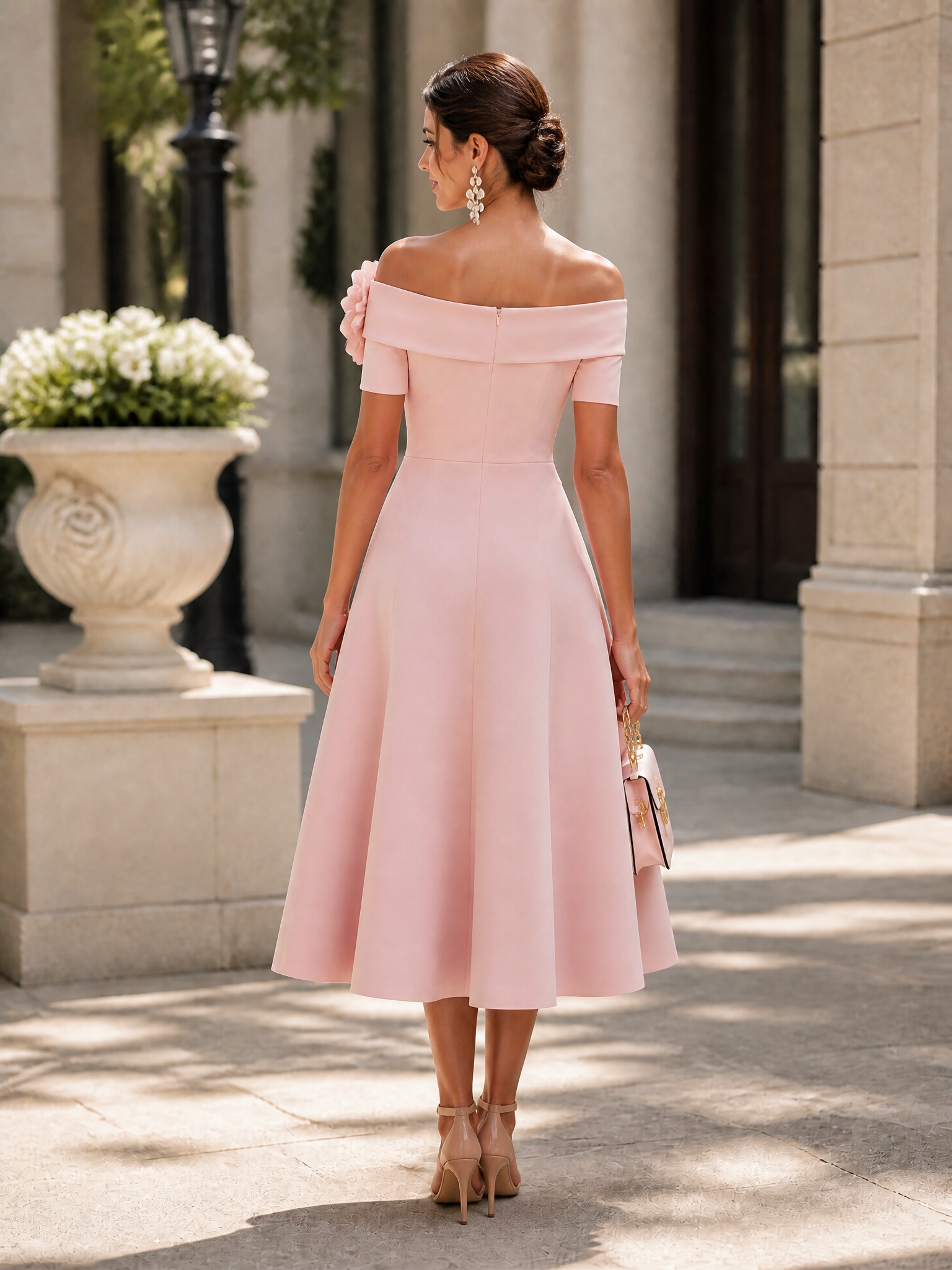 Blush Pink Off-the-Shoulder 3D Floral Midi A-Line Evening Gown Dress