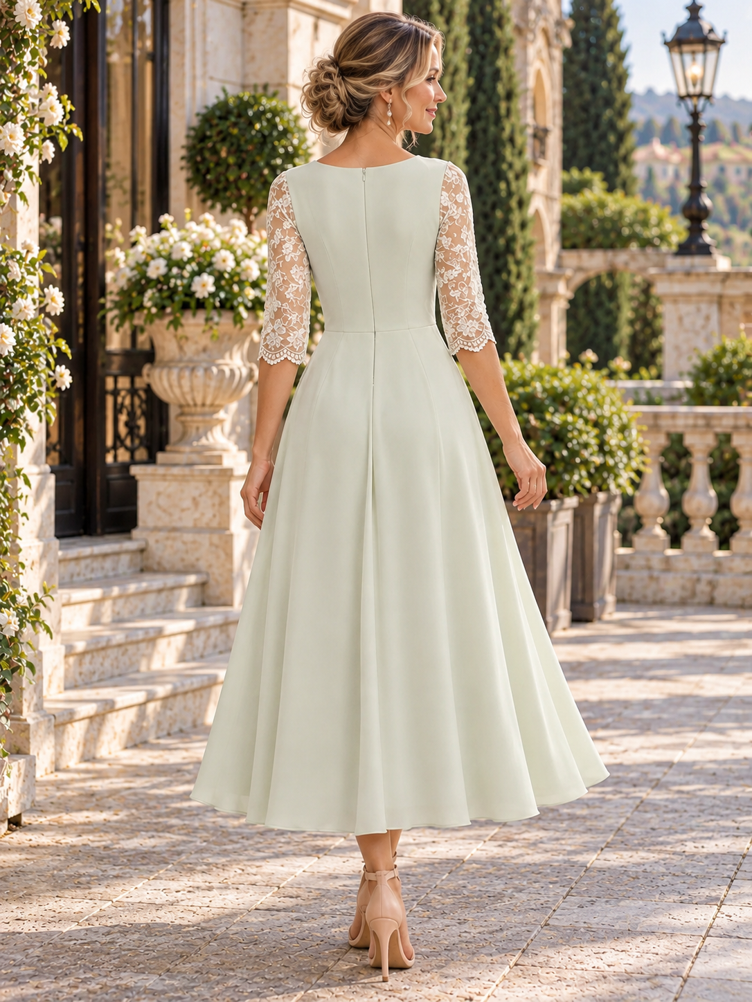 Sage Green Round Neck Lace 3/4 Sleeve A-Line Midi Mother of the Bride & Groom Dresses 