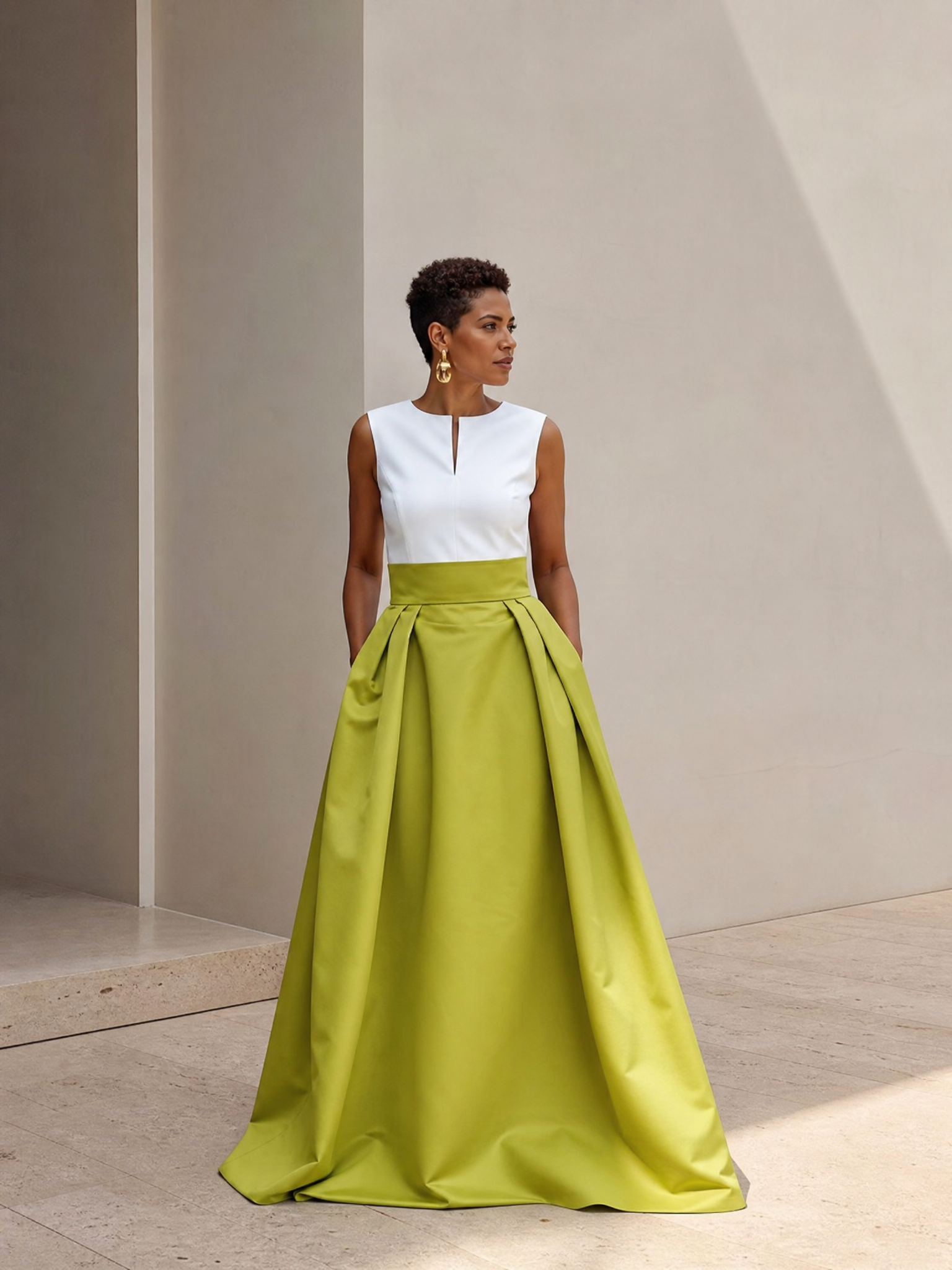 Sophisticated Two-Tone Color-Block A-Line Maxi Formal Evening Dress 