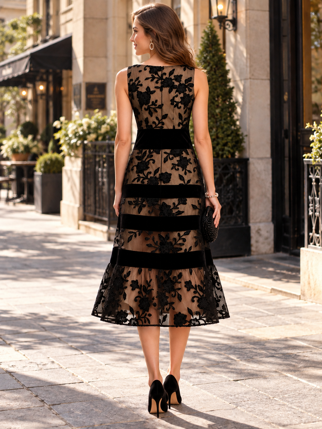 Black Striped Velvet-Trimmed Sleeveless A-Line Midi Evening Gown Dress 