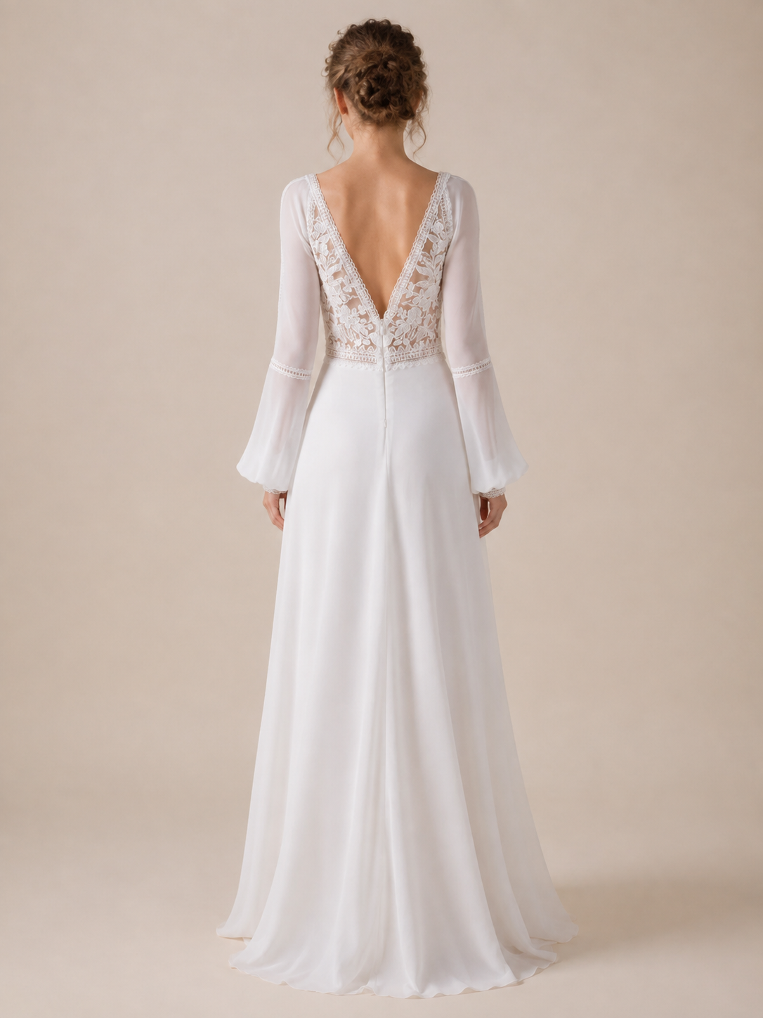 White Chiffon Lace V-Neck Long-Sleeve A-Line Maxi Wedding Dress 