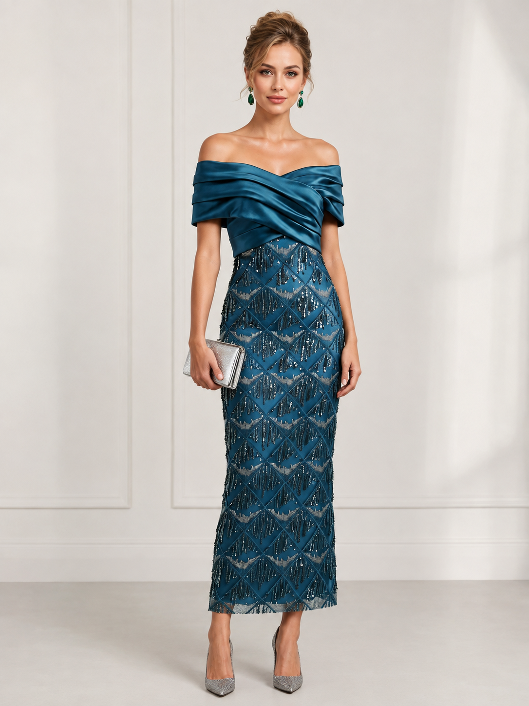 Peacock Blue Folded Off-the-shoulder Sequin Sheath Midi Evening Gown Dress