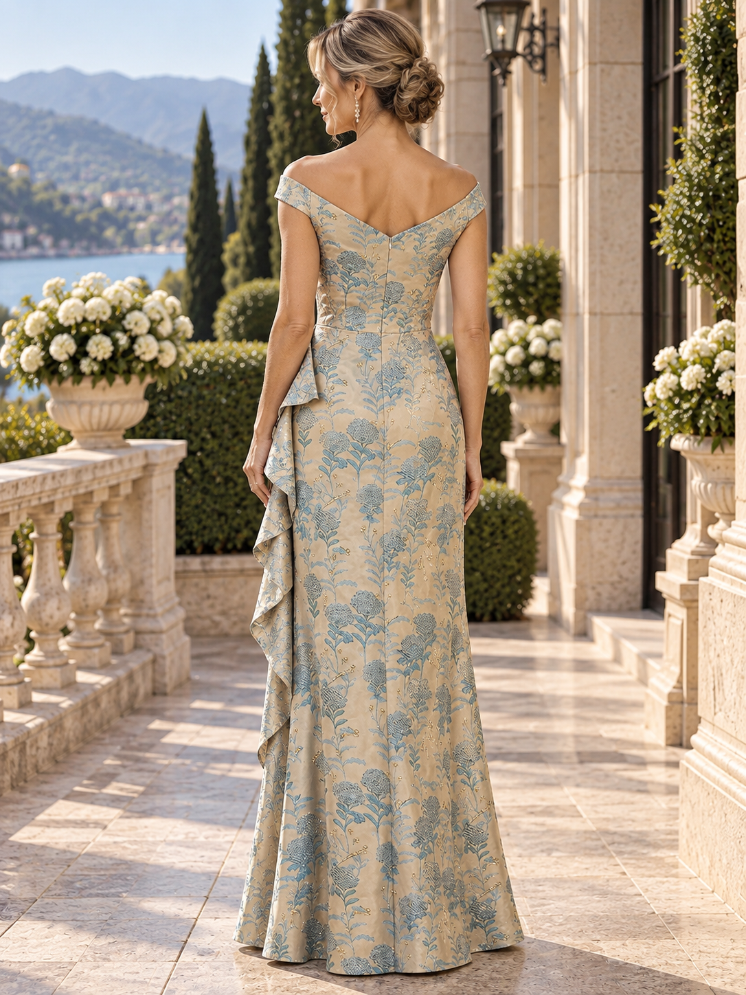 Sky Blue Jacquard Off-The-Shoulder Cascading Ruffle Sheath Mother of the Bride & Groom Dresses 