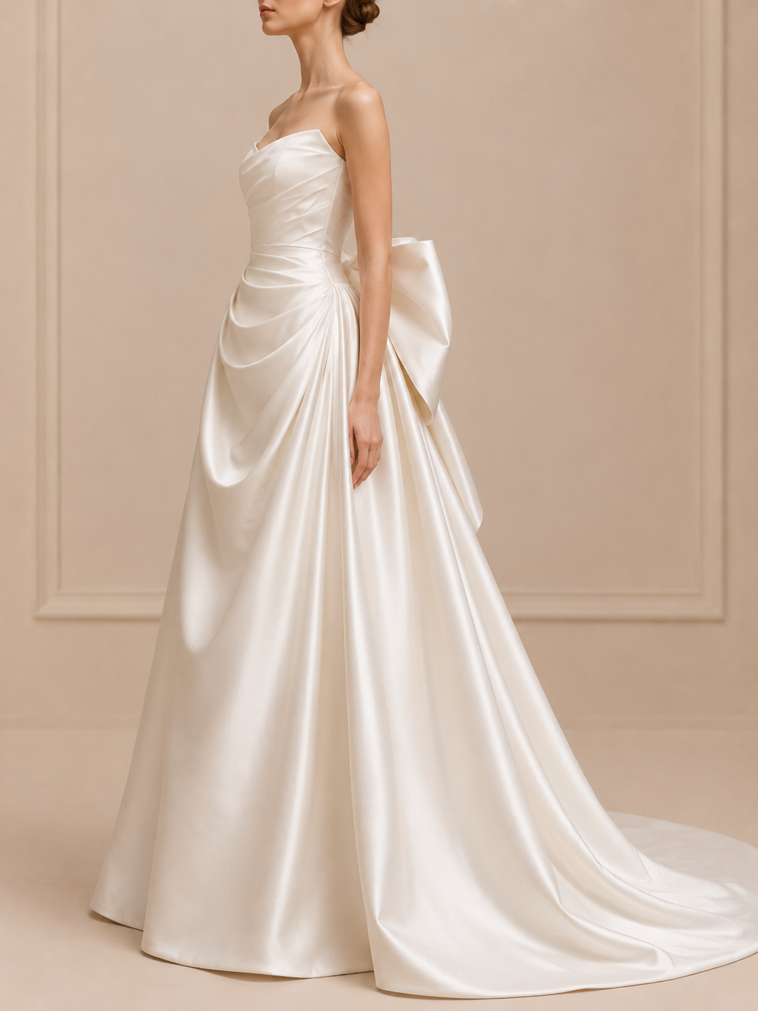 Ivory Draped Strapless Satin A-Line Wedding Dress with Back Bow