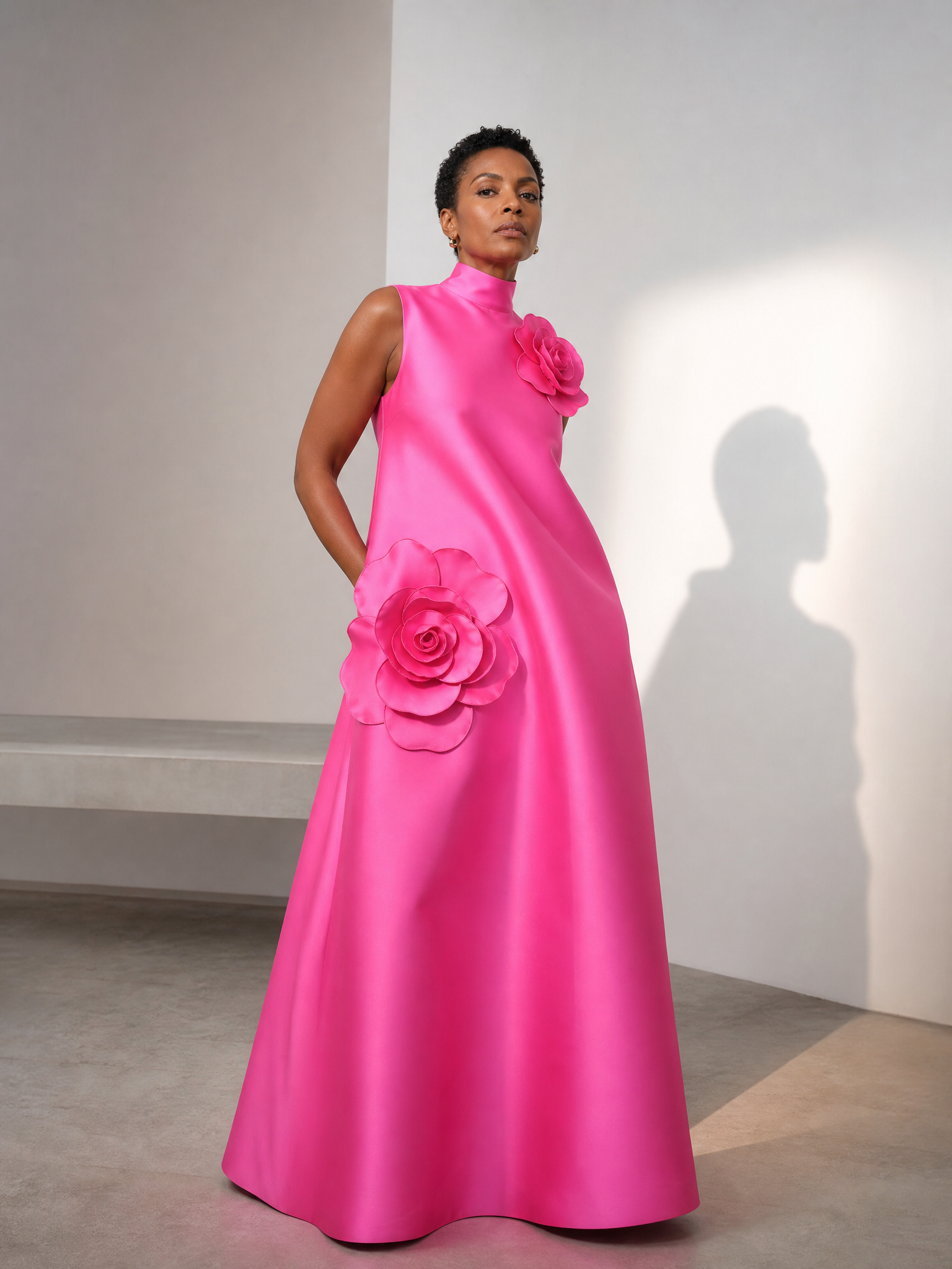Radiant Fuchsia Floral-Appliqué A-Line High Neck Formal Evening Dress 