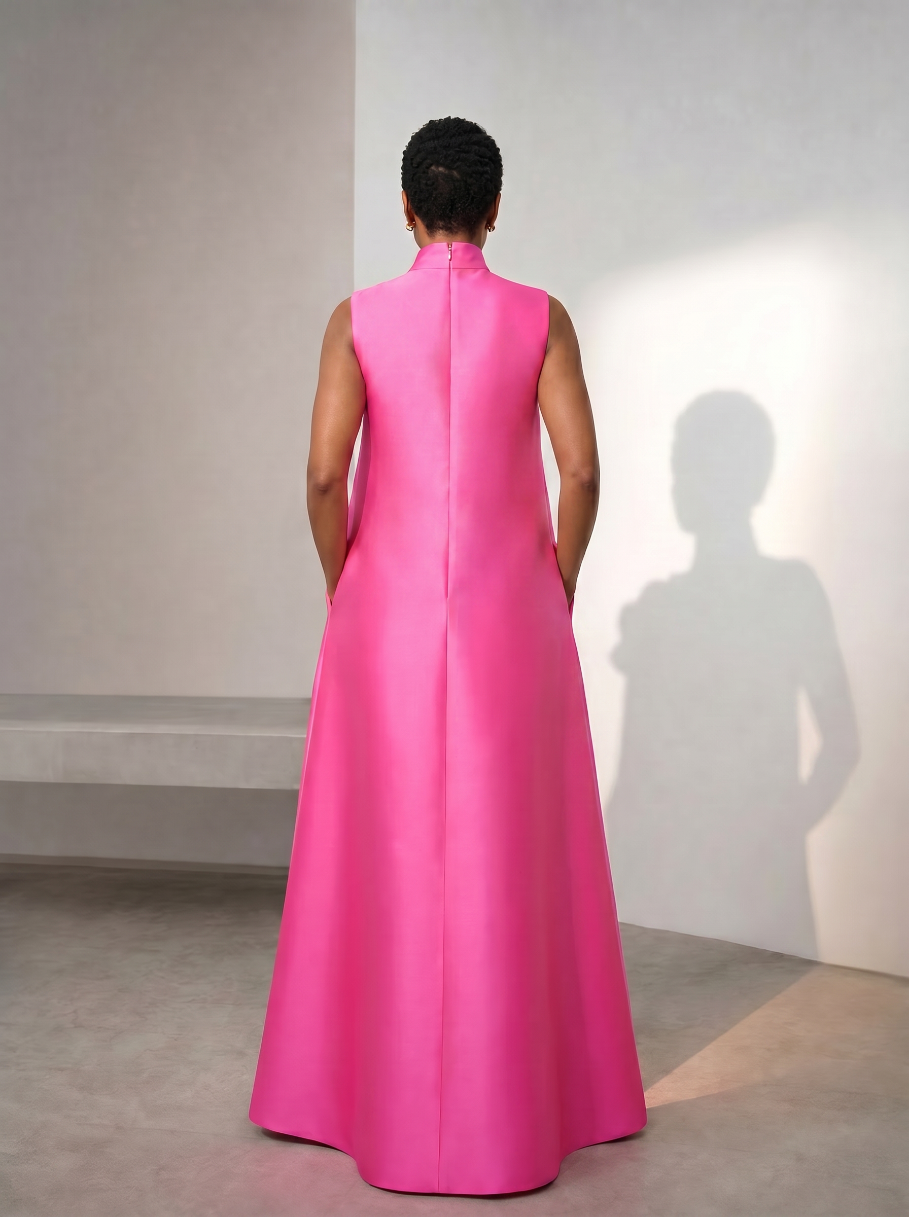 Radiant Fuchsia Floral-Appliqué A-Line High Neck Formal Evening Dress 