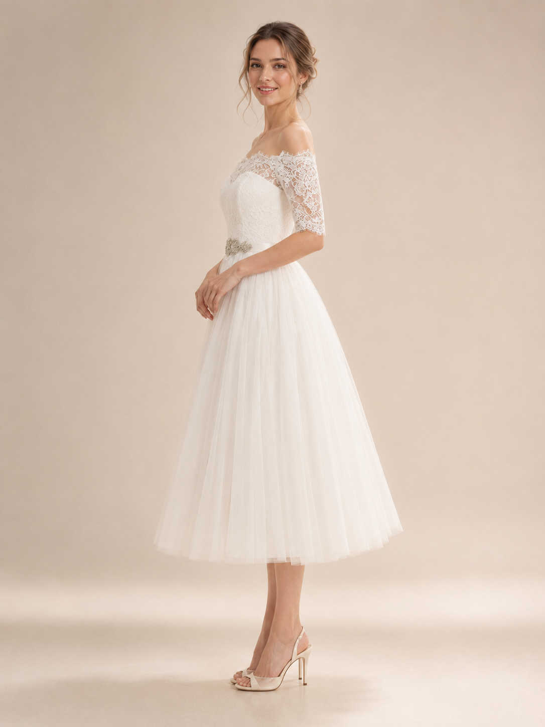 White Off-the-Shoulder Lace Sweetheart A-Line Midi Wedding Dress 