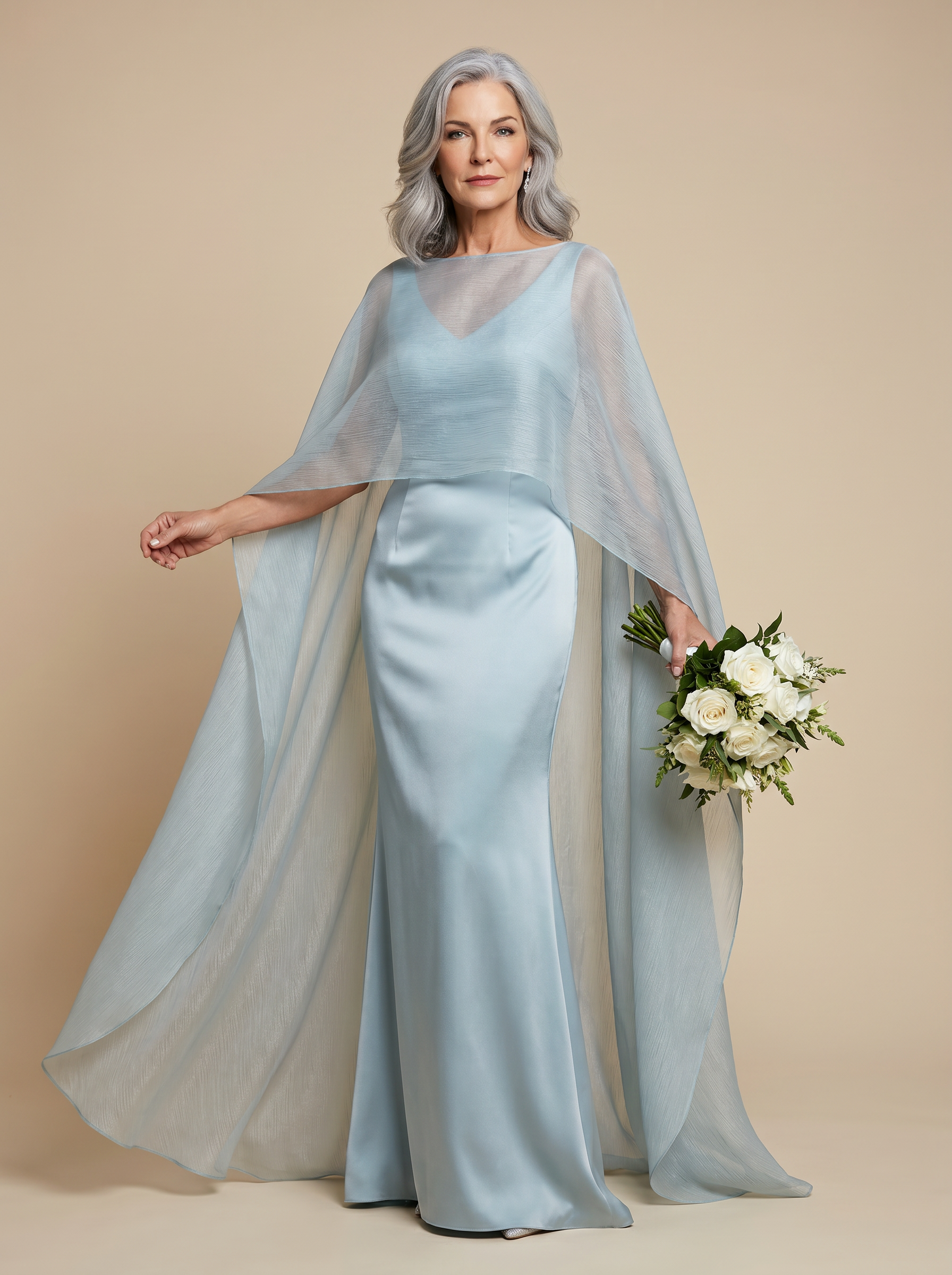 Ethereal Dusty Blue Shimmer Chiffon V-Neck Cape Column Mother of the Bride & Groom Dresses 