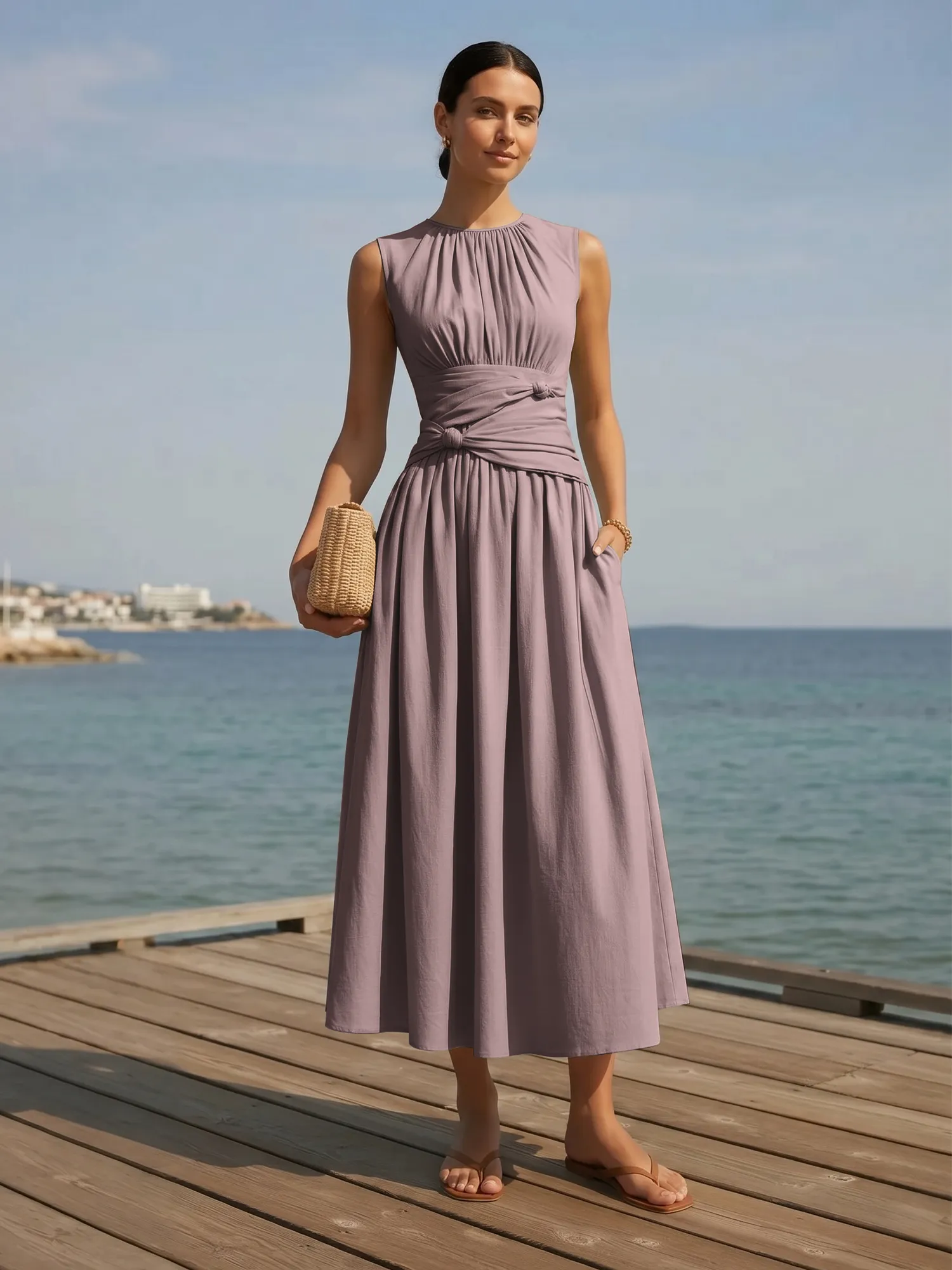 Sleeveless Round Neck Waist-Knot Midi Evening Dress