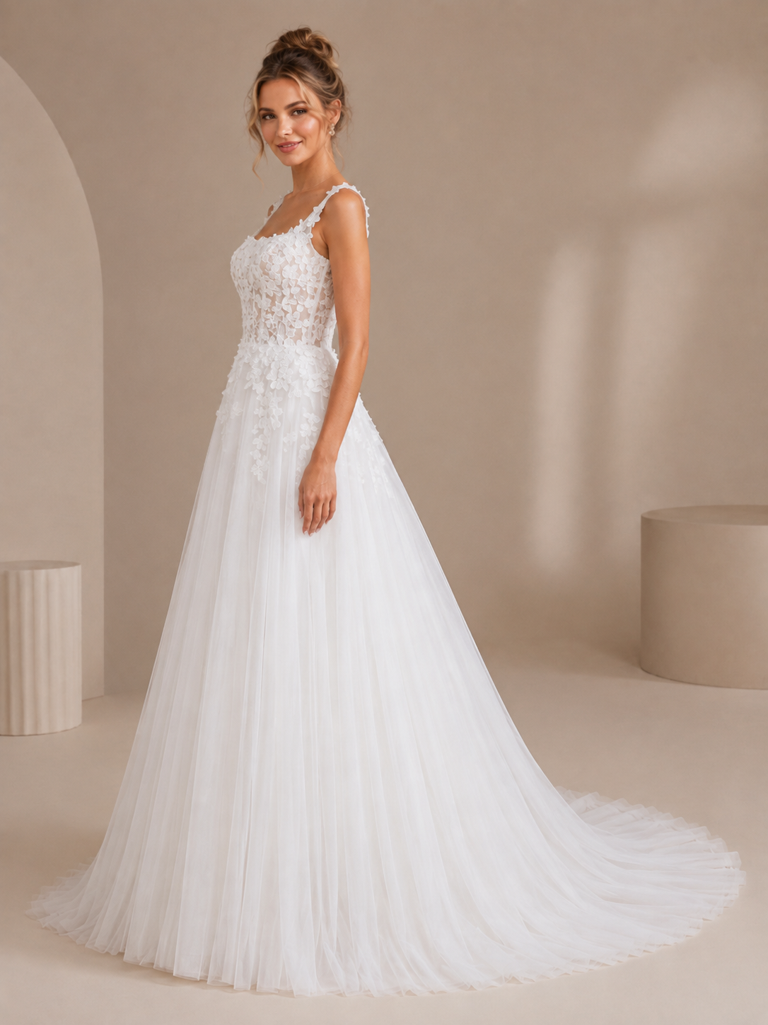 White Square-Neck Lace Applique A-Line Wedding Dress 