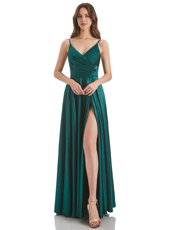 Emerald A-Line V-Neck Long Bridesmaid Dress With Slit