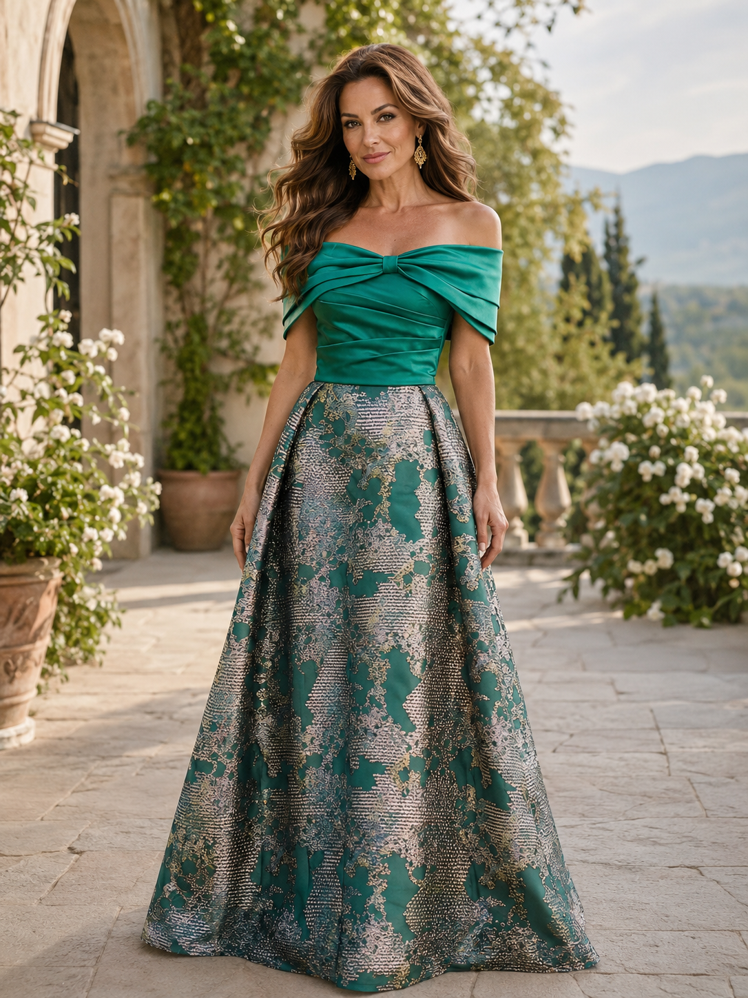 Green Brocade Off-The-Shoulder A-Line Maxi Mother of the Bride & Groom Dresses