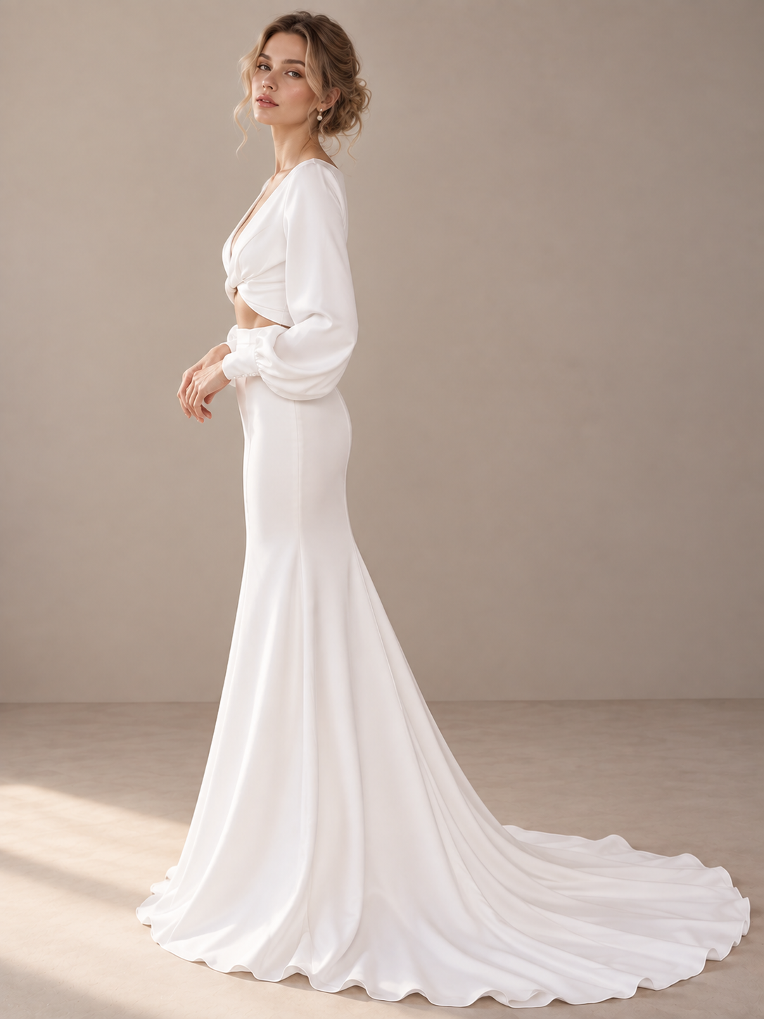 Sleek White Satin Two-Piece Cutout Long-Sleeve V-Neck Wedding Dress 