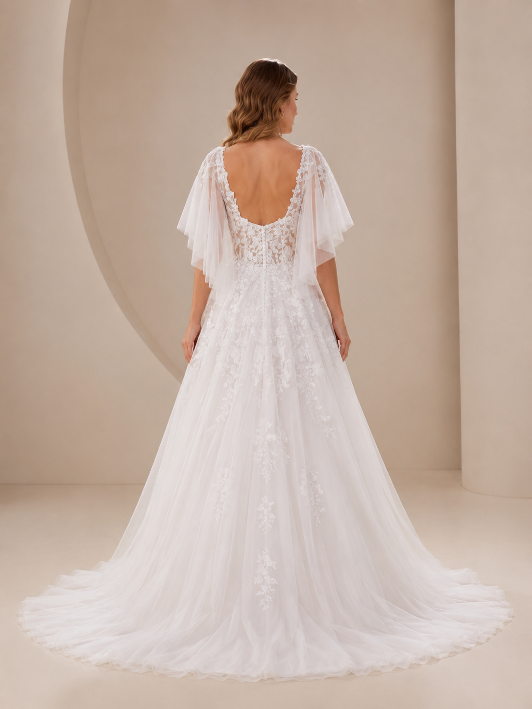 White Plunging V-Neck Flowing Cape-Sleeve A-Line Wedding Dress 