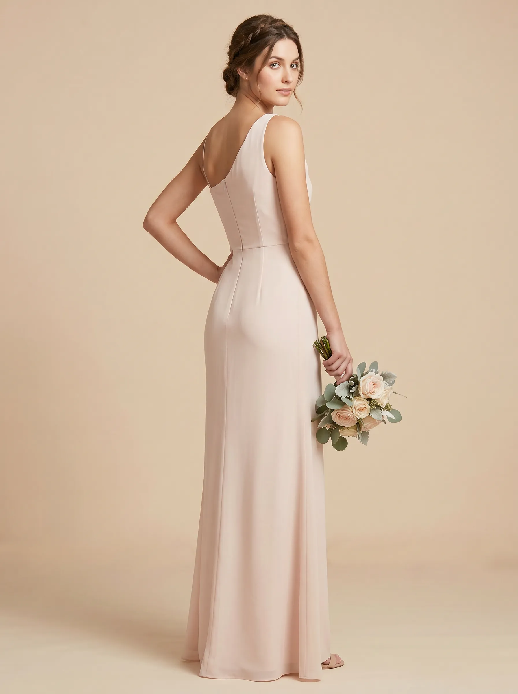 Blush Pink Asymmetric Cowl Neck Chiffon Bridesmaid Dress