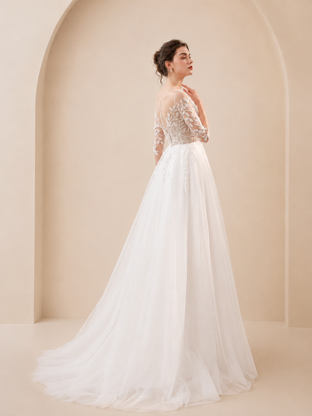 White Illusion Scoop-Neck Lace A-Line Wedding Dress 
