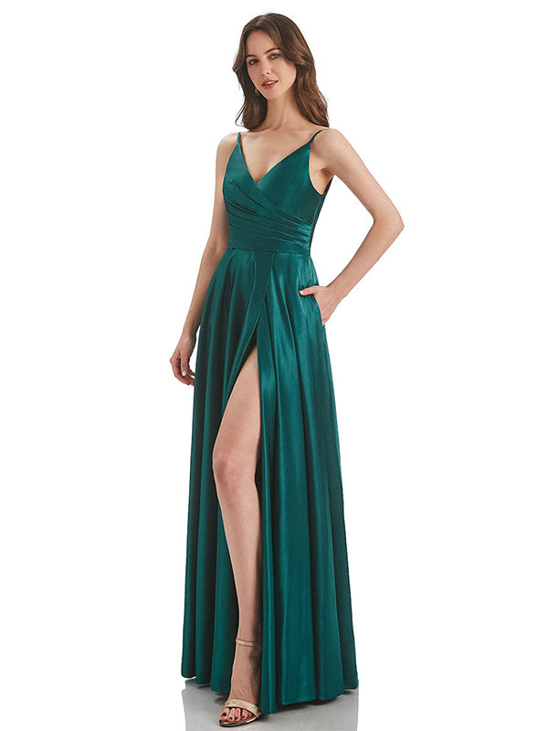 Emerald A-Line V-Neck Long Bridesmaid Dress With Slit