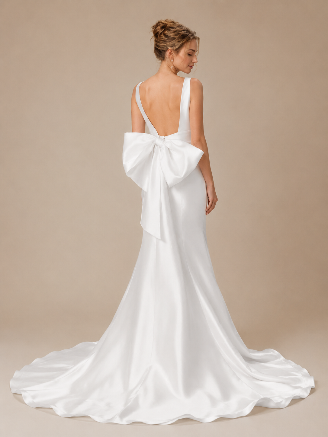 White Plunging V-Neck Satin Sleeveless Mermaid Wedding Dress 
