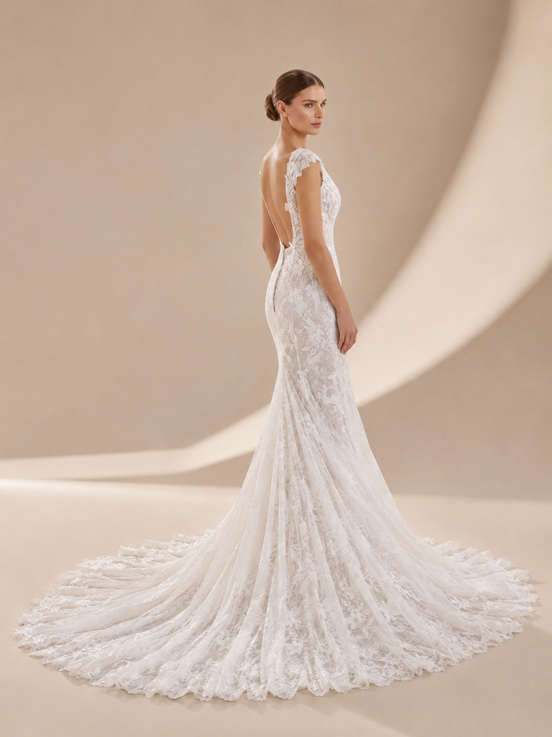 White Plunging V-Neck Lace Mermaid Wedding Dress 
