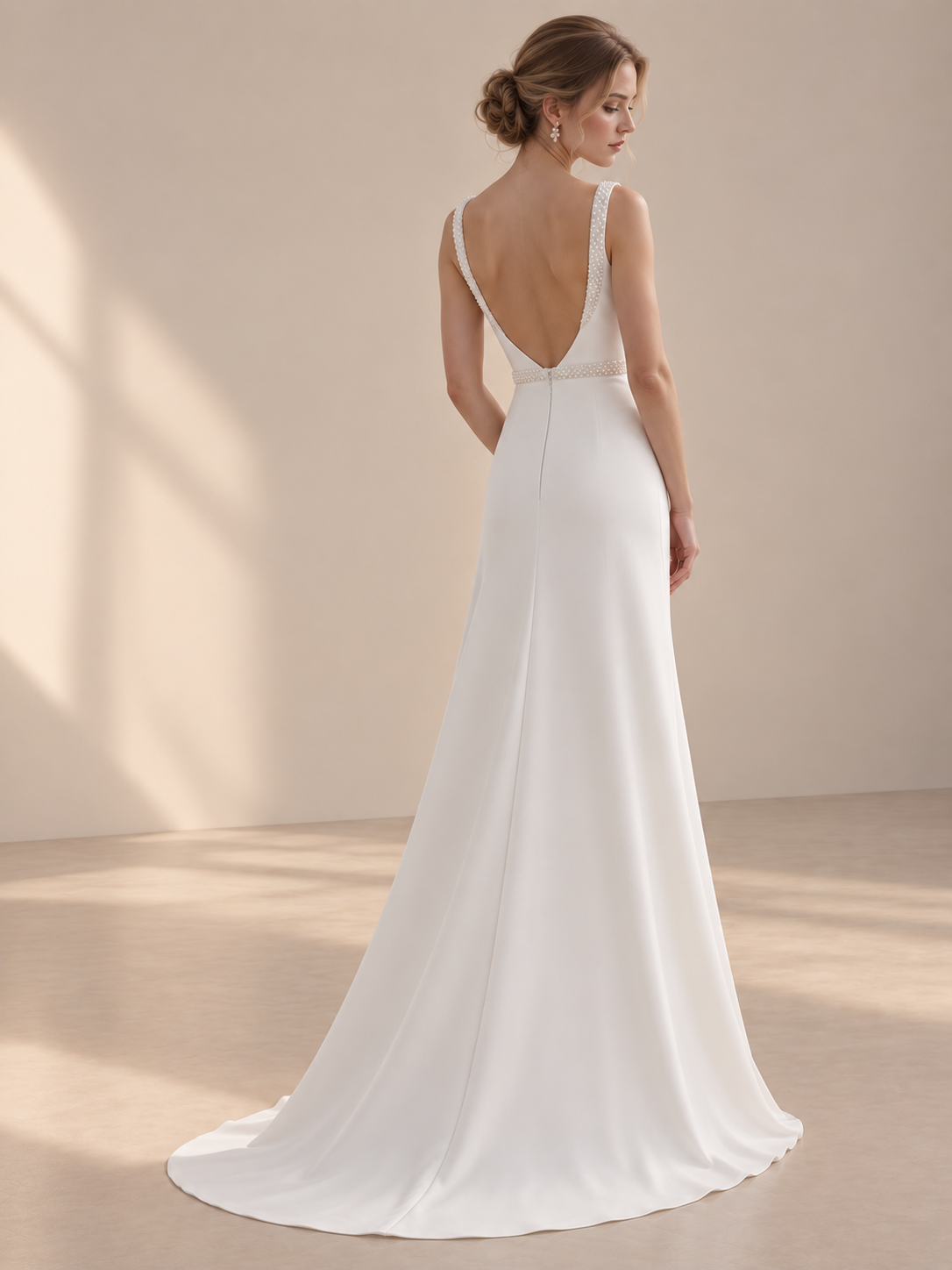 Luminous Ivory Beaded-Trim Sleeveless A-Line Wedding Dress 