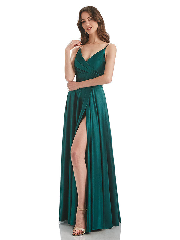 Emerald A-Line V-Neck Long Bridesmaid Dress With Slit