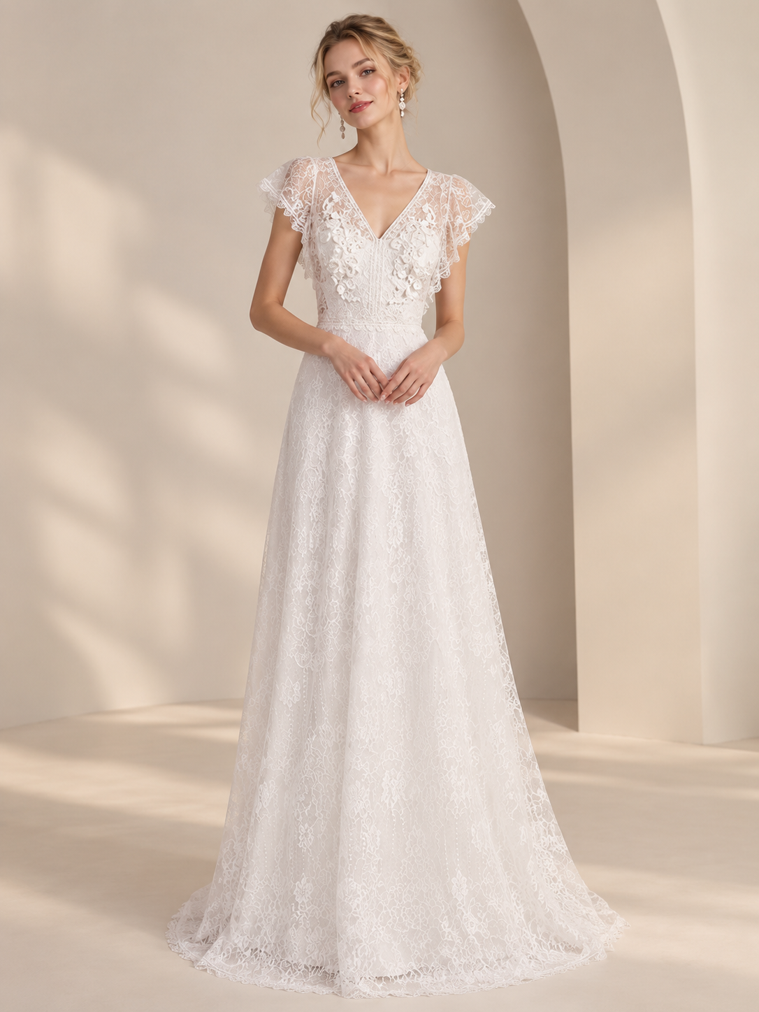 White Floral Appliqué Lace Flutter-Sleeve V-Neck A-Line Wedding Dress 