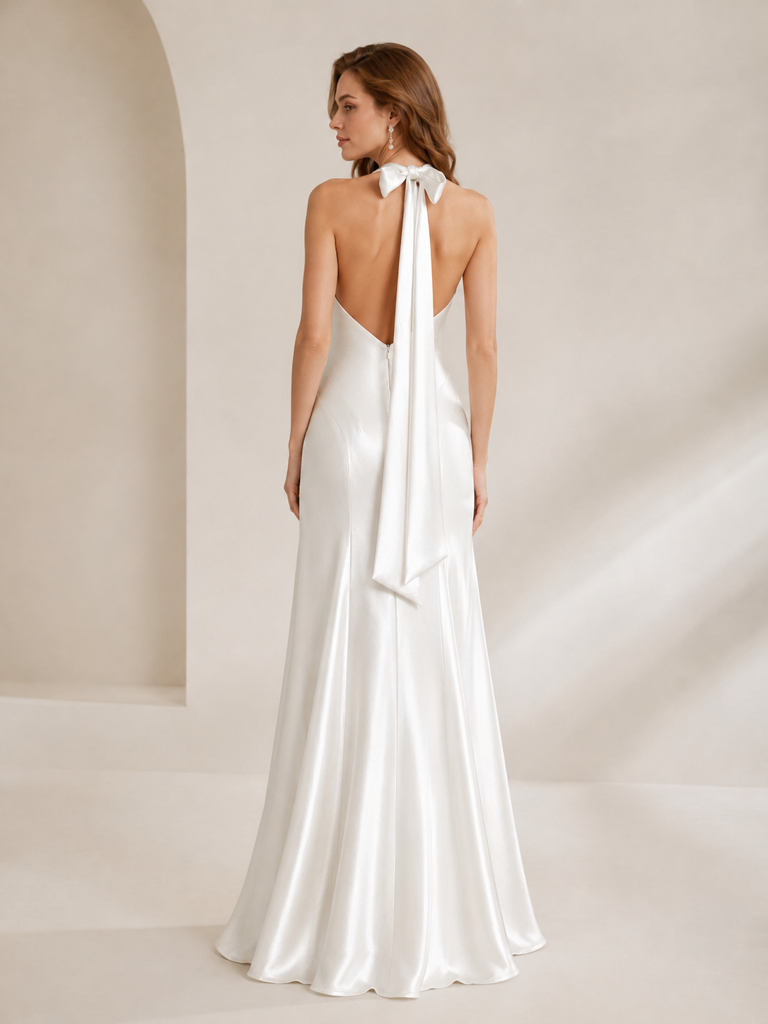 White Mermaid Halter Charmeuse Satin Wedding Dress