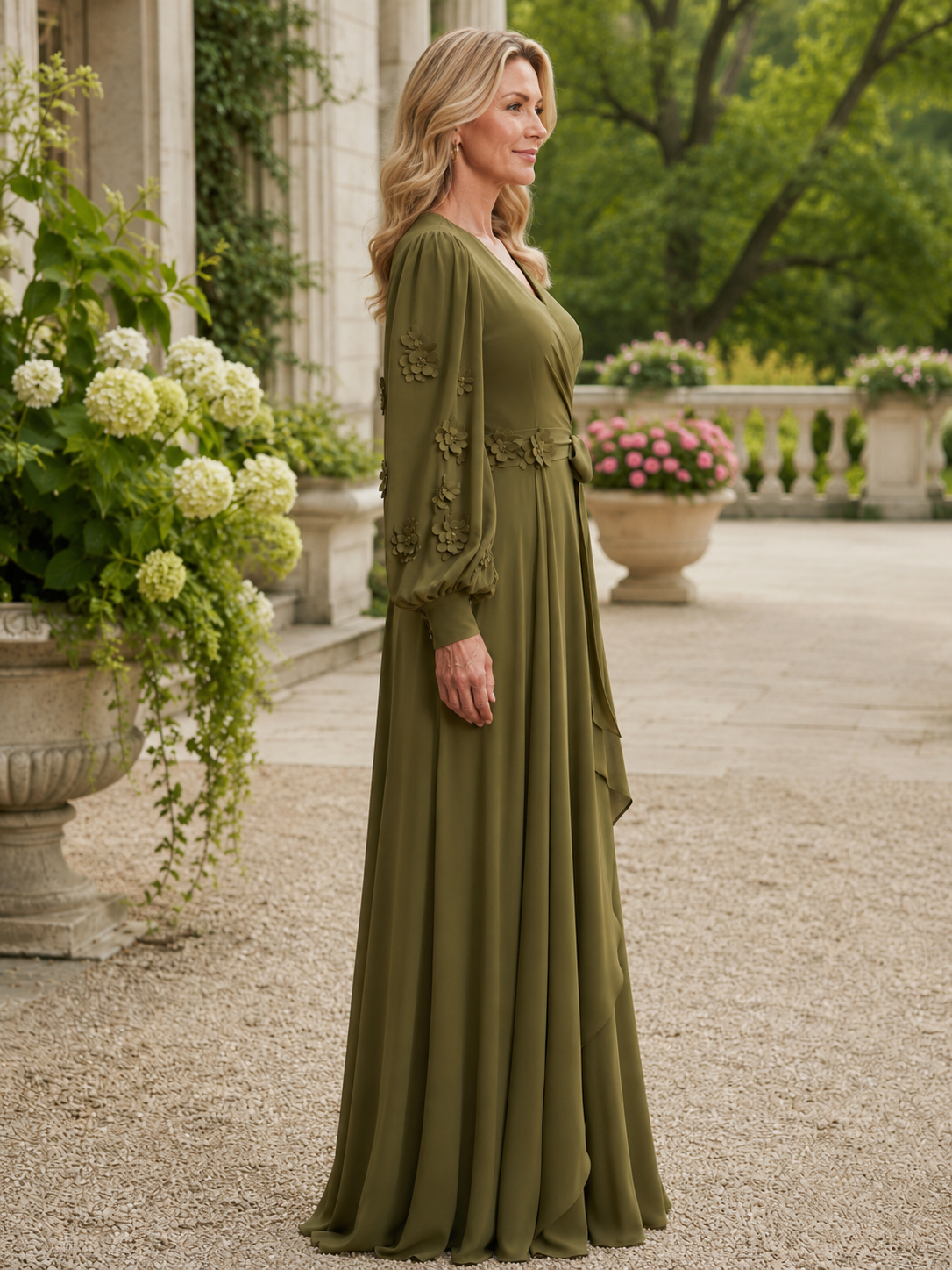 Olive Green V-Neck Long Sleeve 3D Floral A-Line Maxi Mother of the Bride & Groom Dresses 
