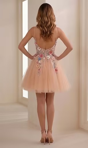 Enchanting Blush Nude Floral Appliqué Tulle Homecoming Dress with 3D Embroidered Corset Bodice 