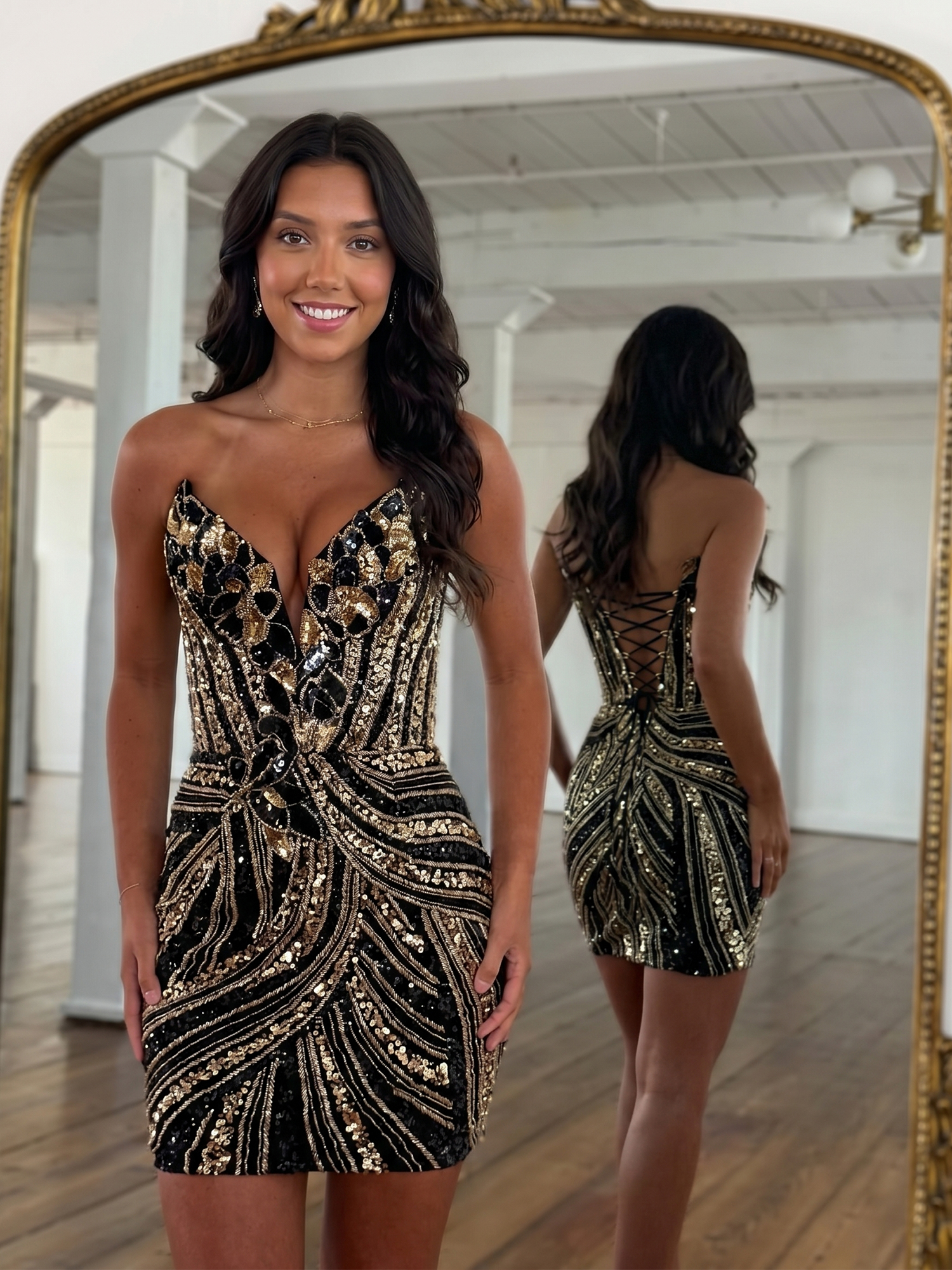 Opulent Black Sequin Corset Mini Dress Homecoming Dress
